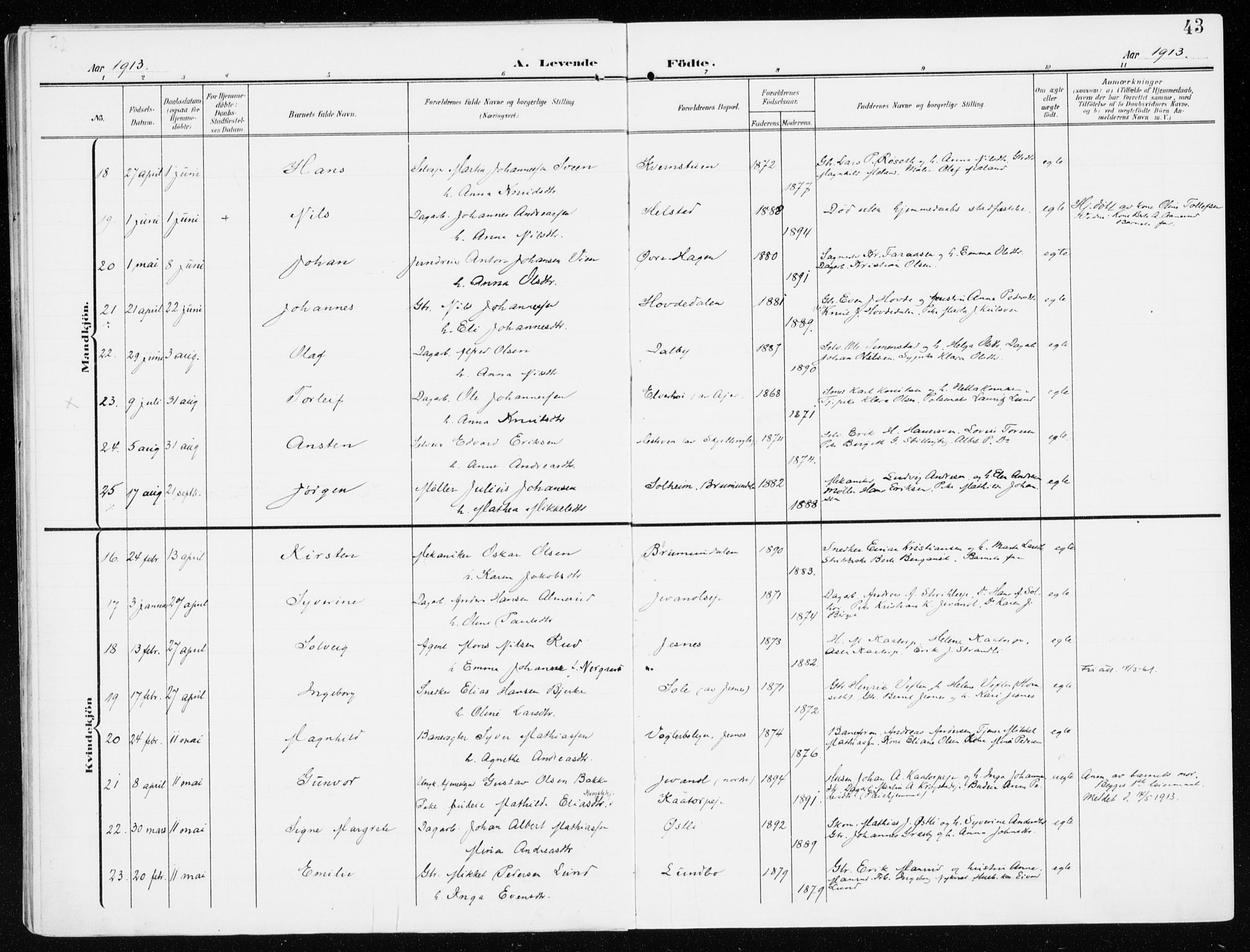 Furnes prestekontor, AV/SAH-PREST-012/K/Ka/L0001: Parish register (official) no. 1, 1907-1935, p. 43