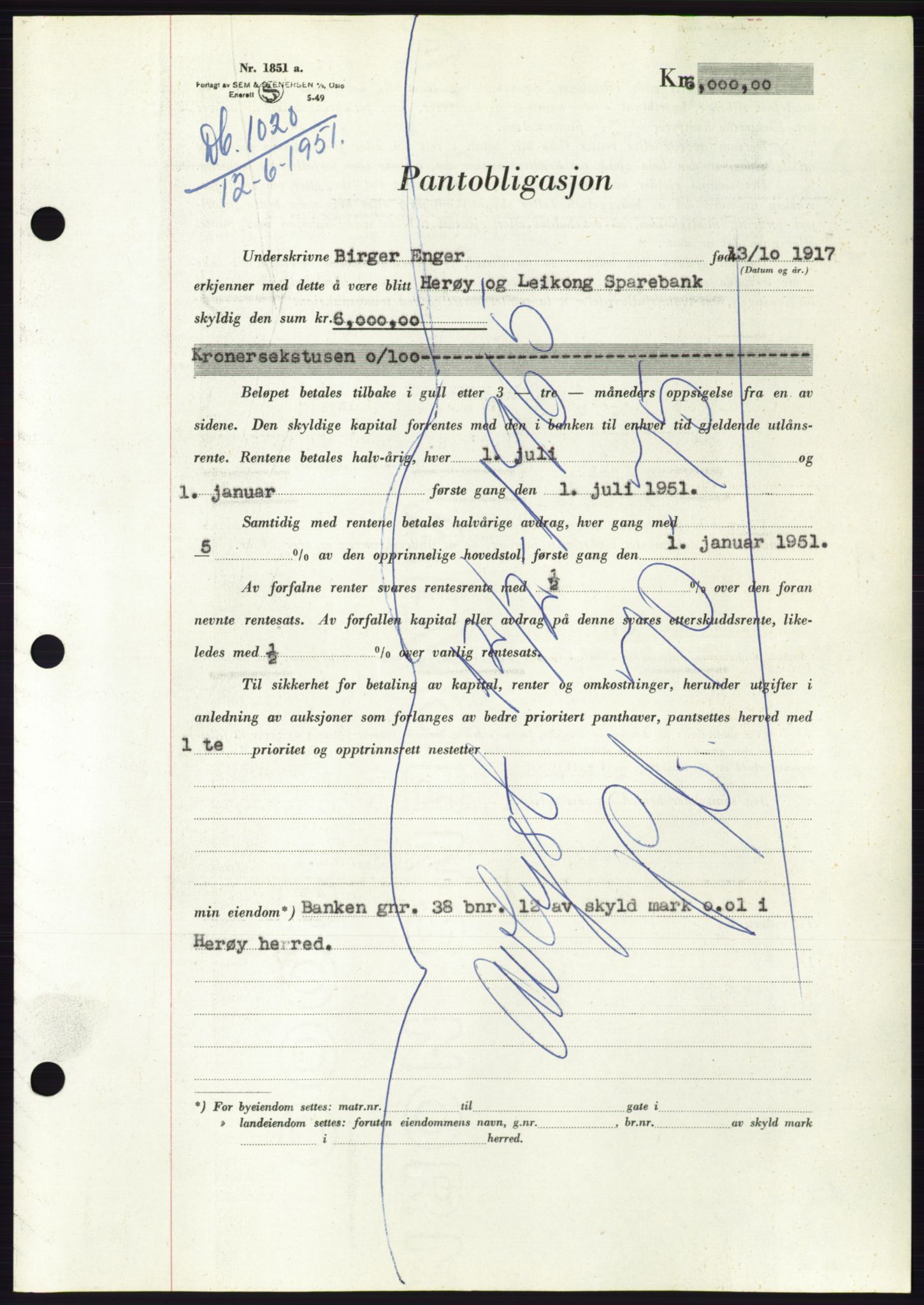 Søre Sunnmøre sorenskriveri, AV/SAT-A-4122/1/2/2C/L0120: Mortgage book no. 8B, 1951-1951, Diary no: : 1020/1951