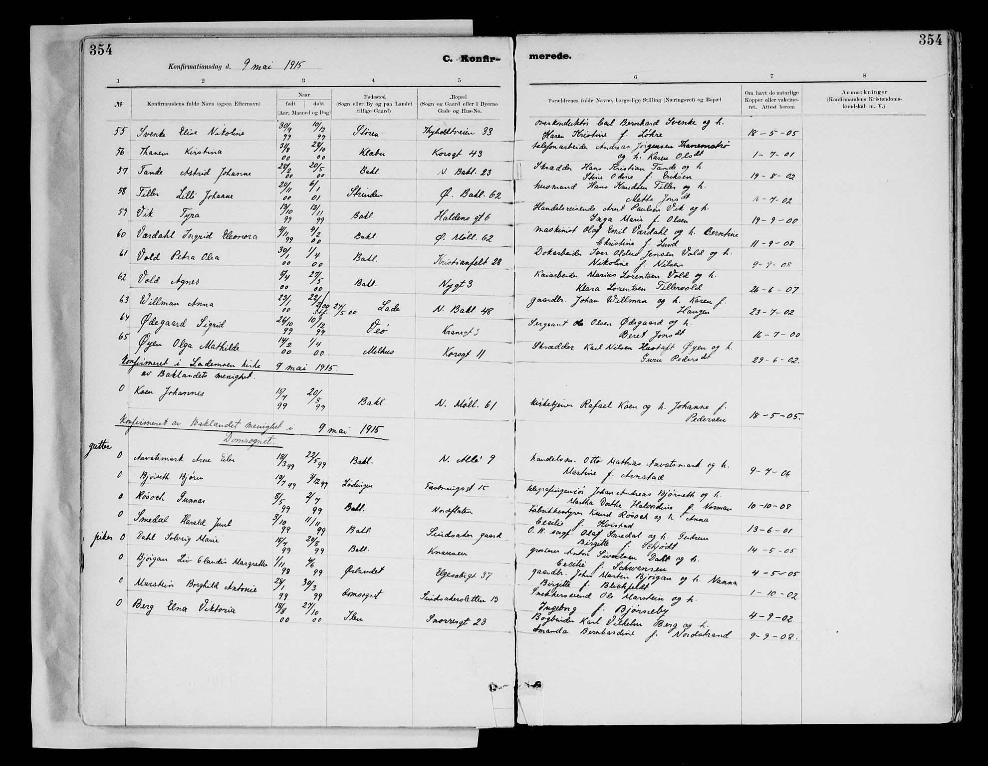 Ministerialprotokoller, klokkerbøker og fødselsregistre - Sør-Trøndelag, AV/SAT-A-1456/604/L0203: Parish register (official) no. 604A23, 1908-1916, p. 354