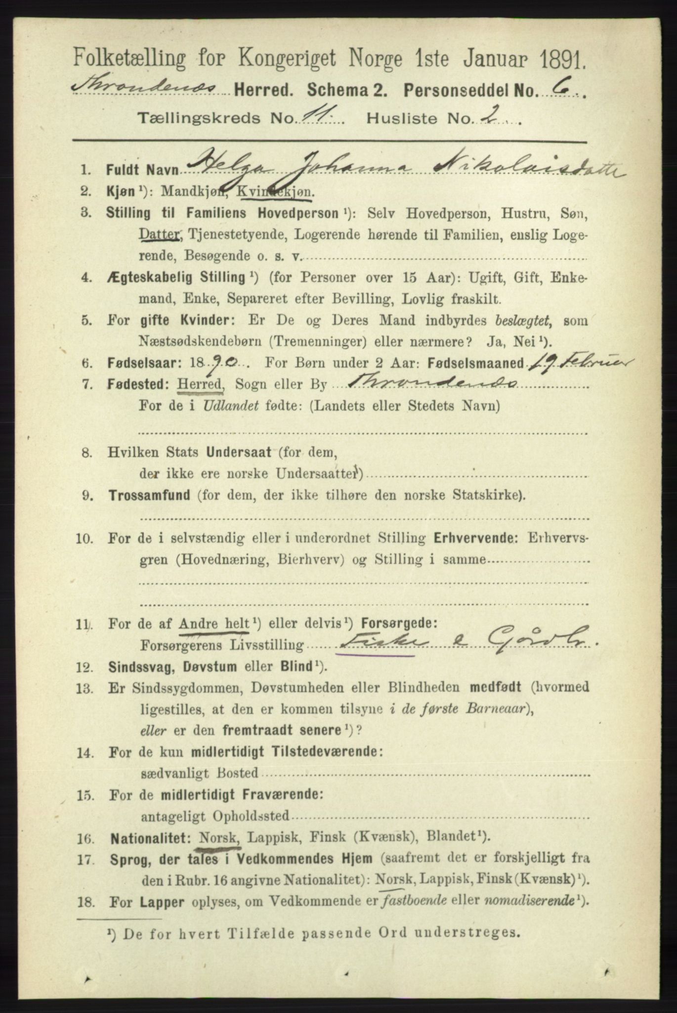 RA, 1891 census for 1914 Trondenes, 1891, p. 8012