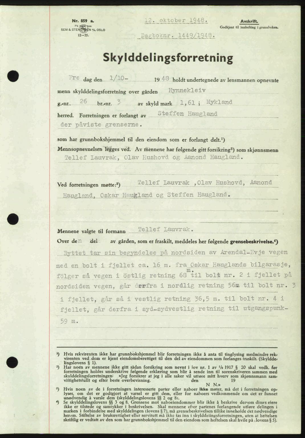 Nedenes sorenskriveri, AV/SAK-1221-0006/G/Gb/Gba/L0059: Mortgage book no. A11, 1948-1948, Diary no: : 1449/1948