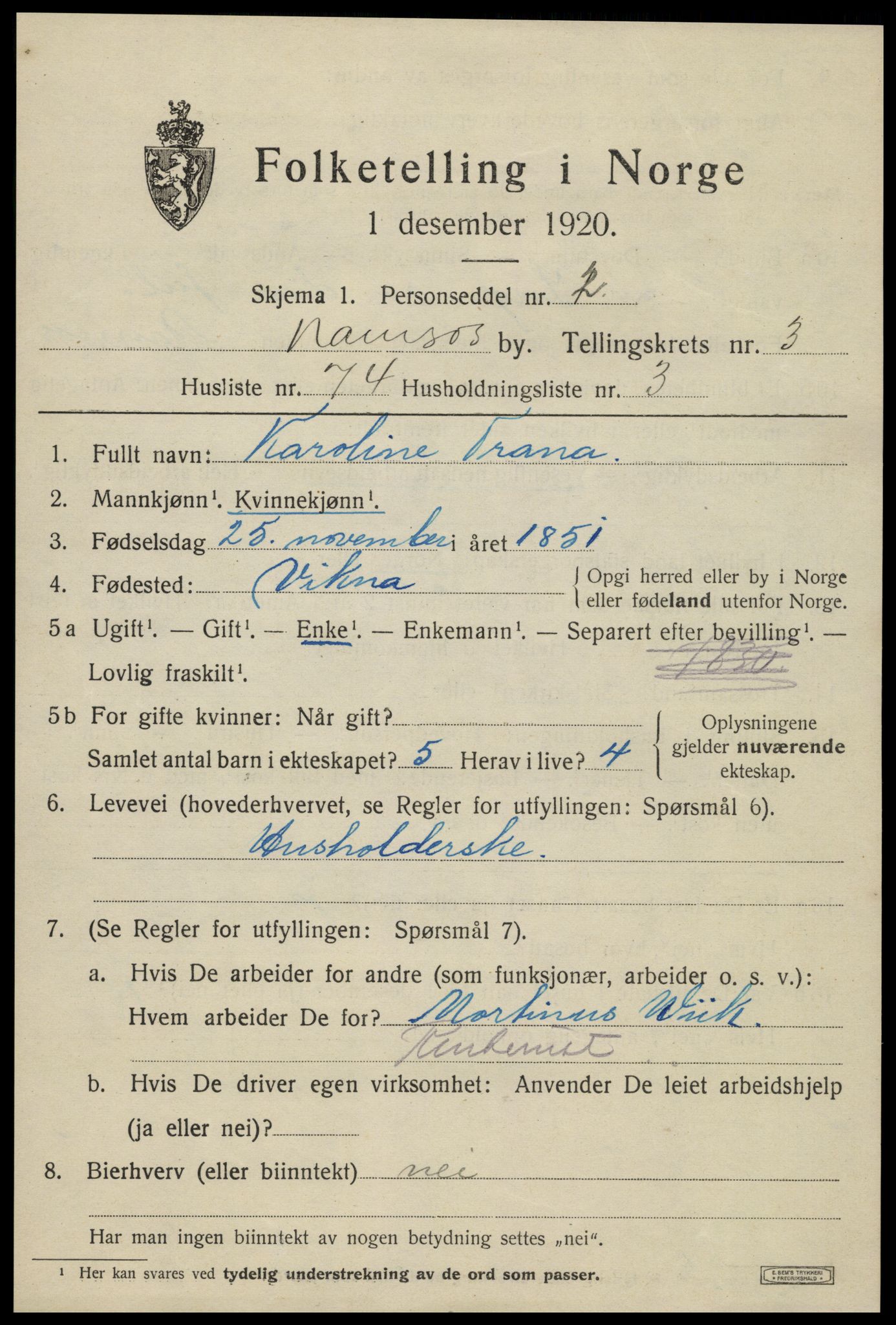 SAT, 1920 census for Namsos, 1920, p. 4819