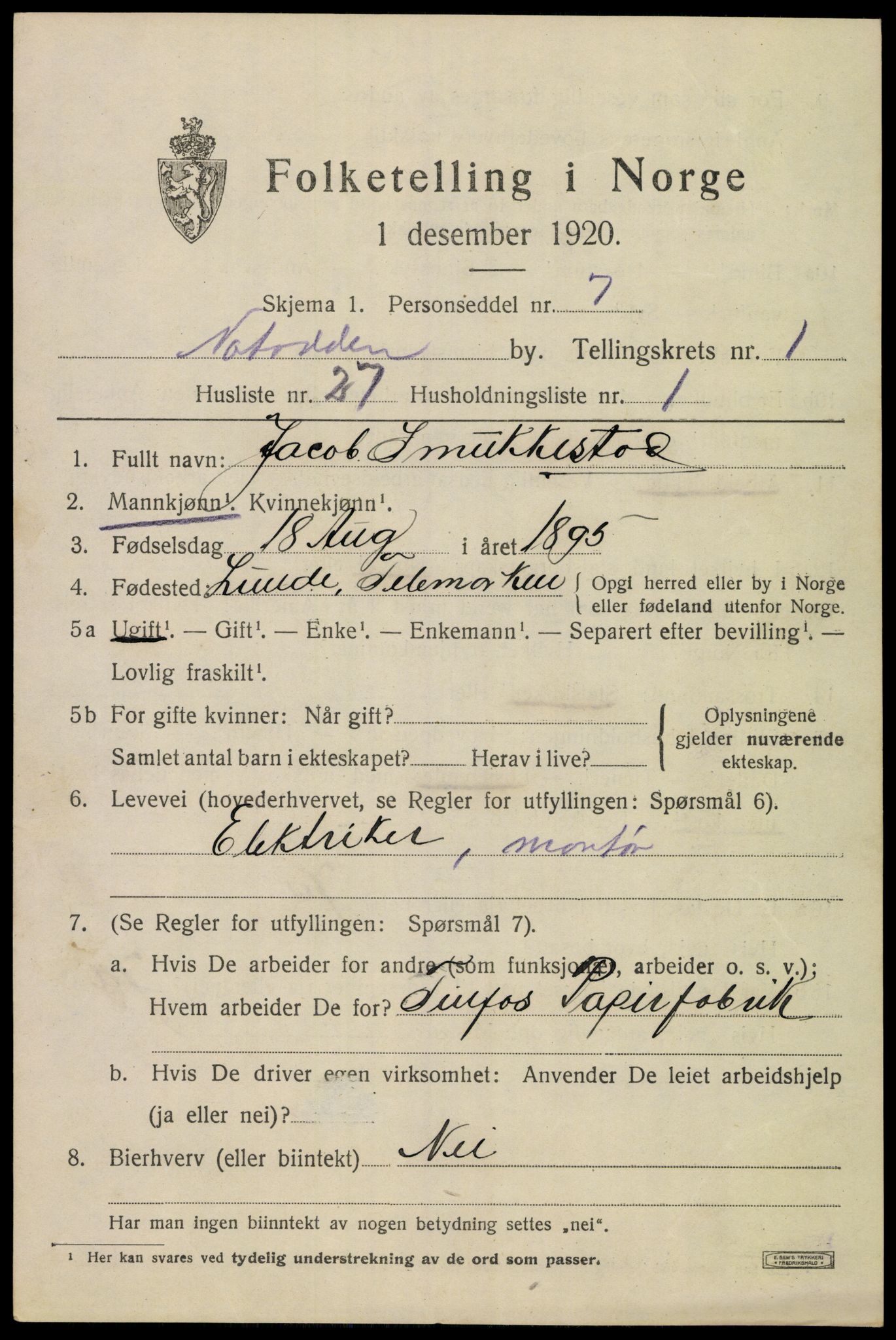 SAKO, 1920 census for Notodden, 1920, p. 6918