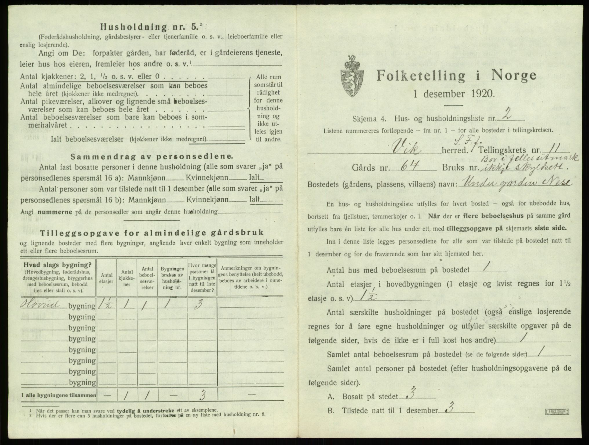 SAB, 1920 census for Vik, 1920, p. 1036