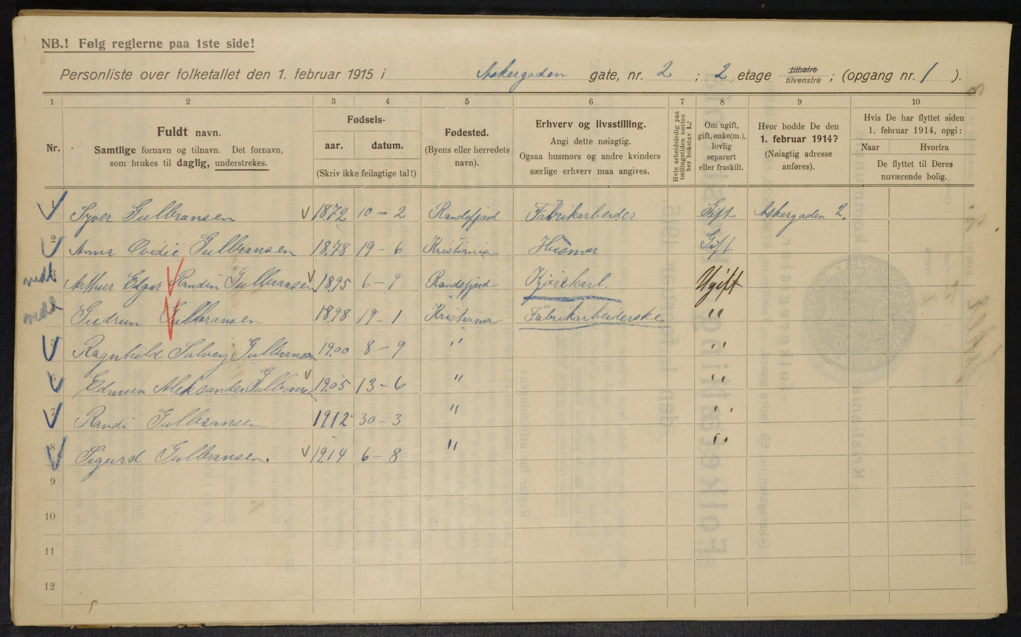 OBA, Municipal Census 1915 for Kristiania, 1915, p. 2587