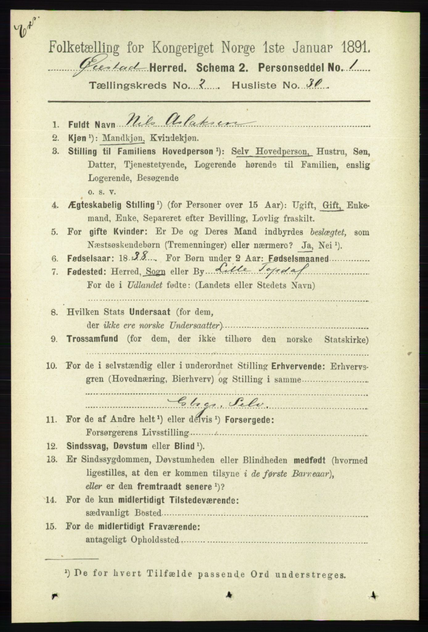 RA, Census 1891 for Nedenes amt: Gjenparter av personsedler for beslektede ektefeller, menn, 1891, p. 622