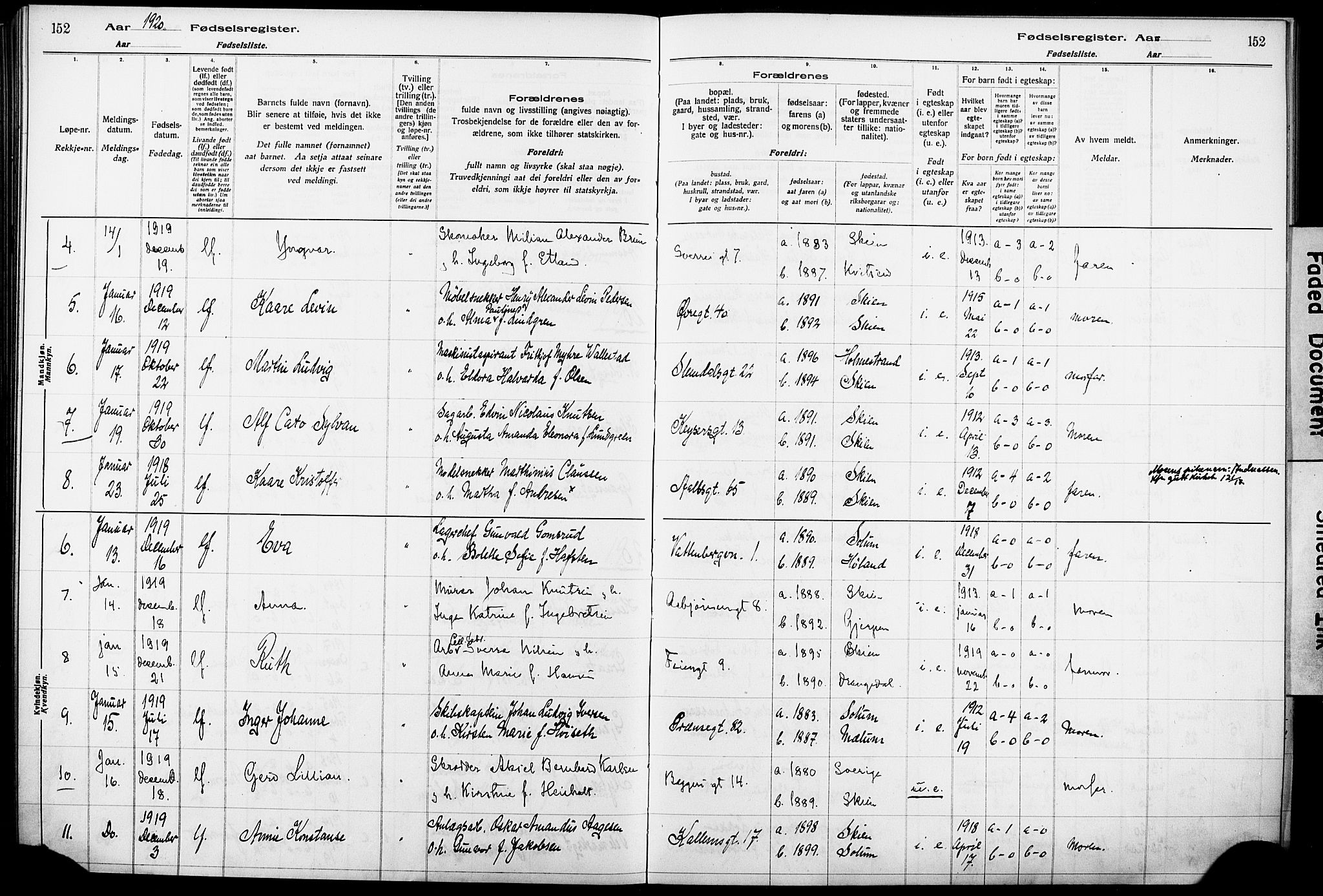 Skien kirkebøker, AV/SAKO-A-302/J/Ja/L0001: Birth register no. 1, 1916-1920, p. 152