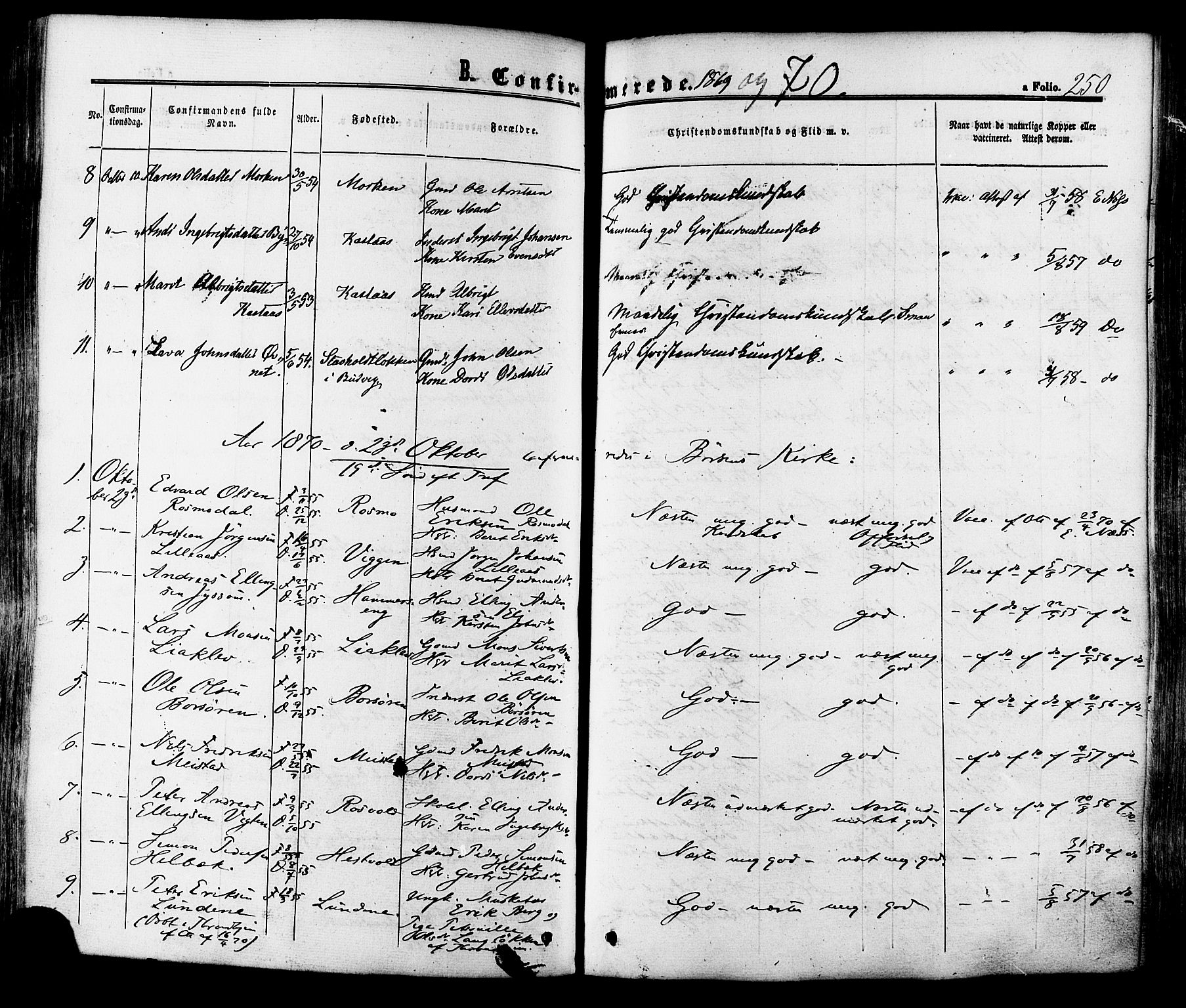 Ministerialprotokoller, klokkerbøker og fødselsregistre - Sør-Trøndelag, SAT/A-1456/665/L0772: Parish register (official) no. 665A07, 1856-1878, p. 250