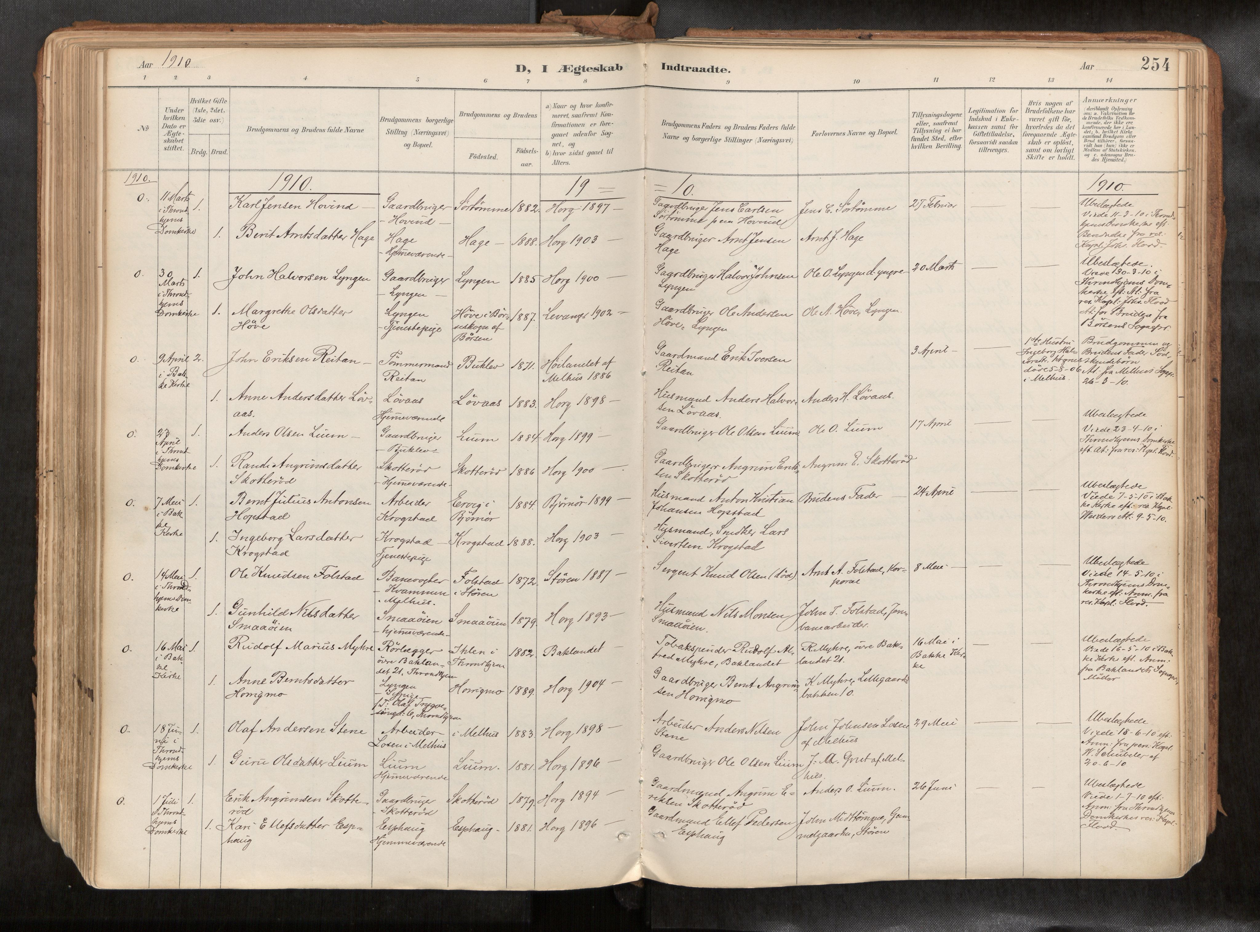 Ministerialprotokoller, klokkerbøker og fødselsregistre - Sør-Trøndelag, SAT/A-1456/692/L1105b: Parish register (official) no. 692A06, 1891-1934, p. 254