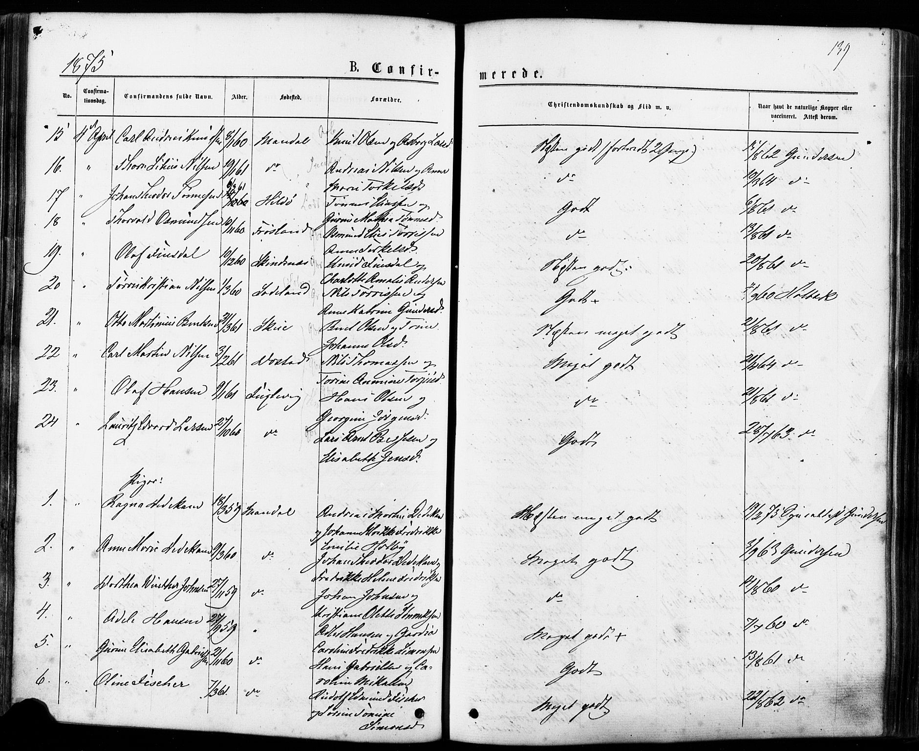 Mandal sokneprestkontor, SAK/1111-0030/F/Fa/Faa/L0015: Parish register (official) no. A 15, 1873-1879, p. 139