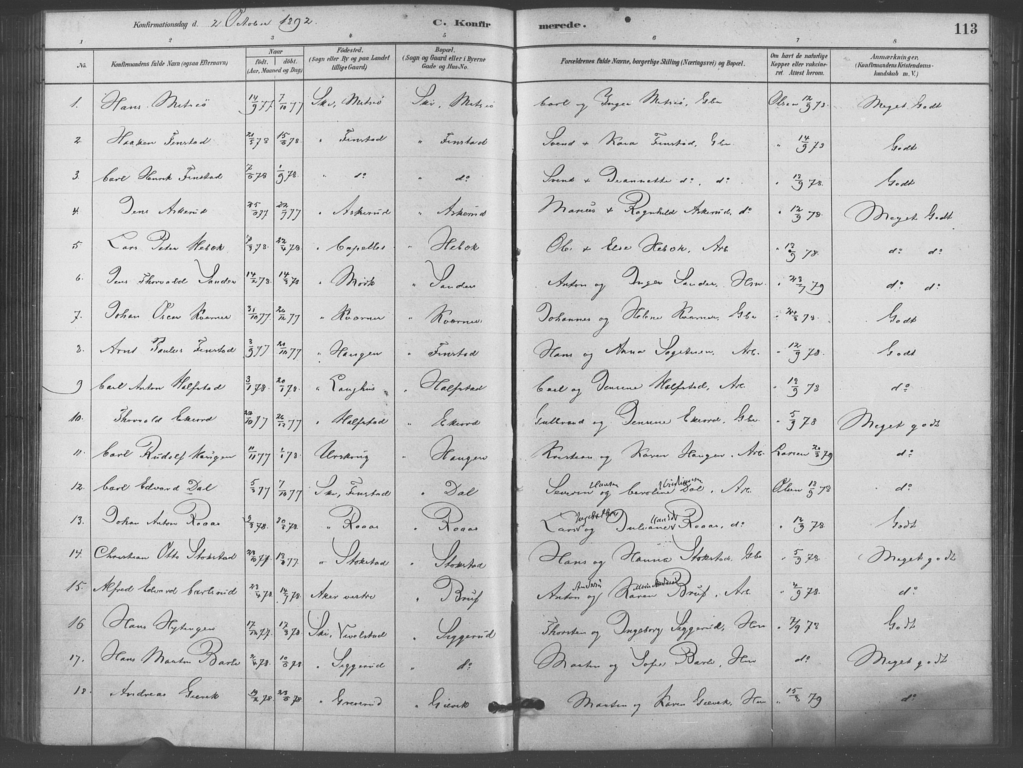 Kråkstad prestekontor Kirkebøker, SAO/A-10125a/F/Fb/L0001: Parish register (official) no. II 1, 1880-1892, p. 113