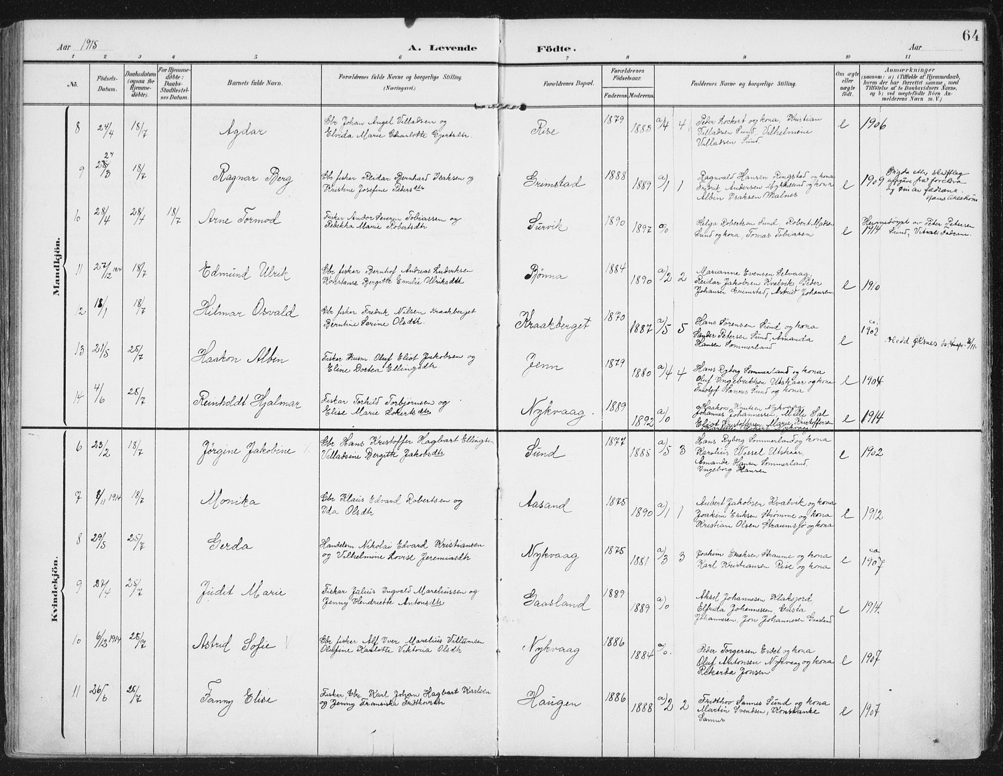 Ministerialprotokoller, klokkerbøker og fødselsregistre - Nordland, SAT/A-1459/892/L1321: Parish register (official) no. 892A02, 1902-1918, p. 64