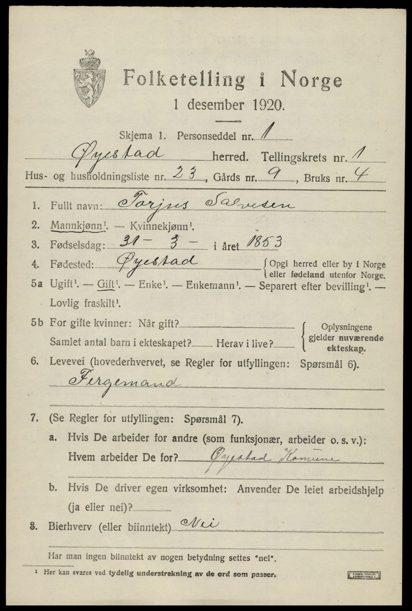 SAK, 1920 census for Øyestad, 1920, p. 2068