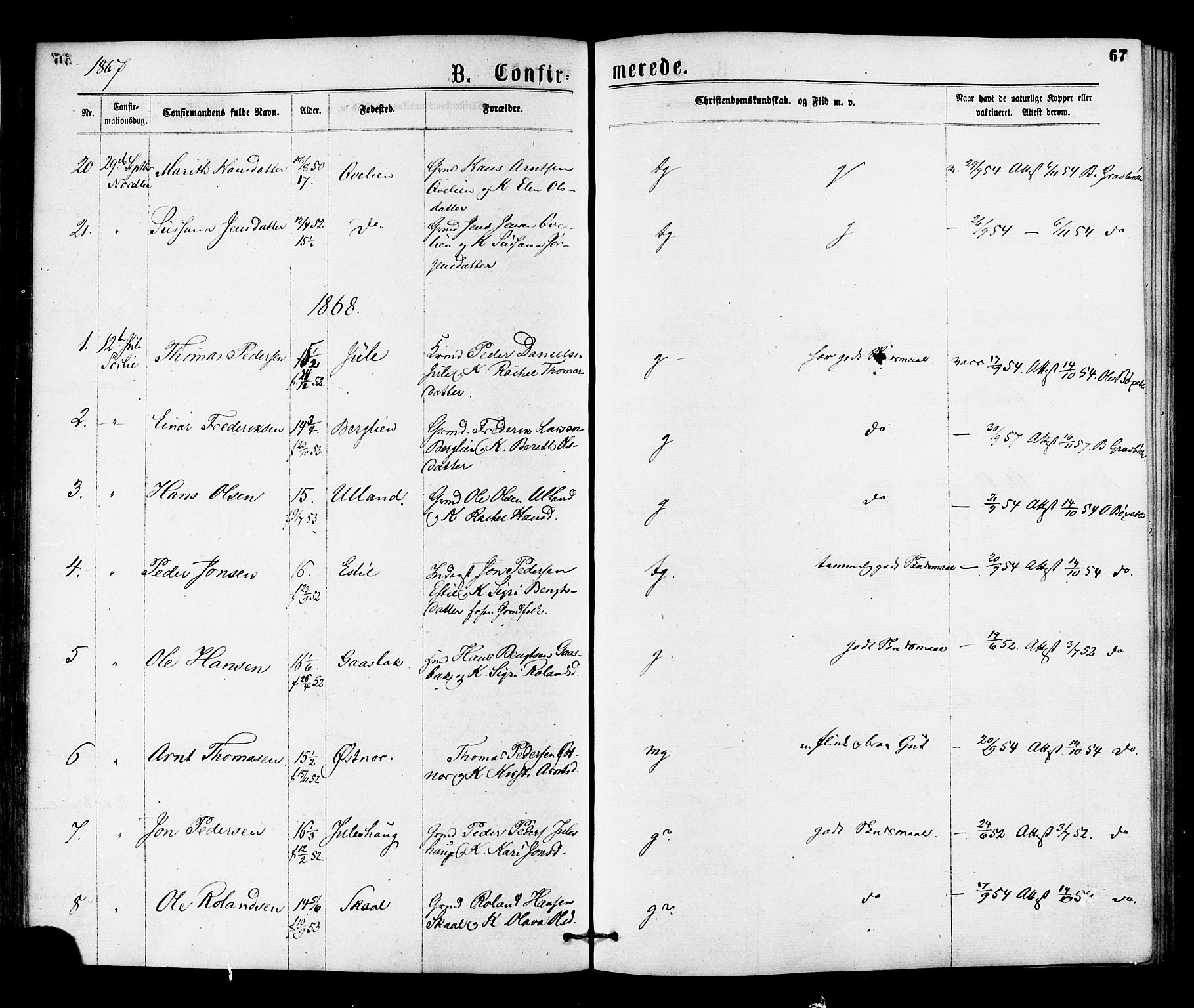 Ministerialprotokoller, klokkerbøker og fødselsregistre - Nord-Trøndelag, SAT/A-1458/755/L0493: Parish register (official) no. 755A02, 1865-1881, p. 67