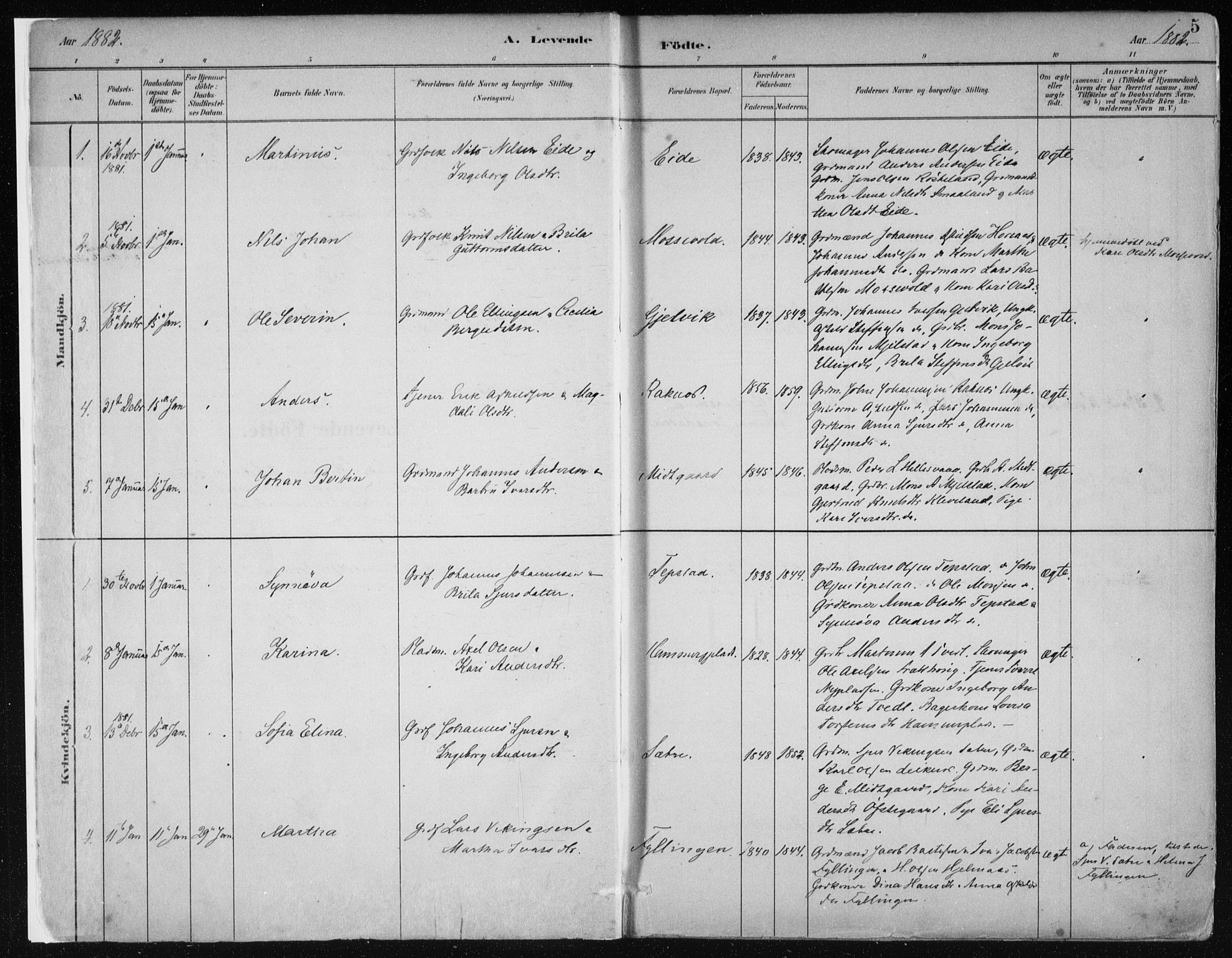 Hamre sokneprestembete, SAB/A-75501/H/Ha/Haa/Haab/L0001: Parish register (official) no. B  1, 1882-1905, p. 5