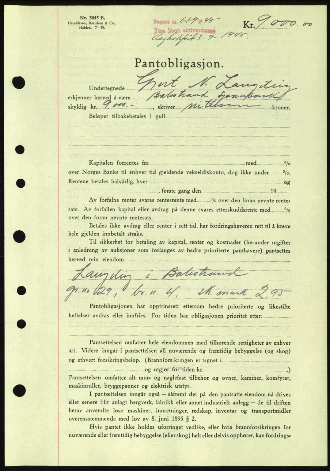 Ytre Sogn tingrett, AV/SAB-A-2601/1/G/Gbc/L0001: Mortgage book no. B1, 1945-1945, Diary no: : 639/1945