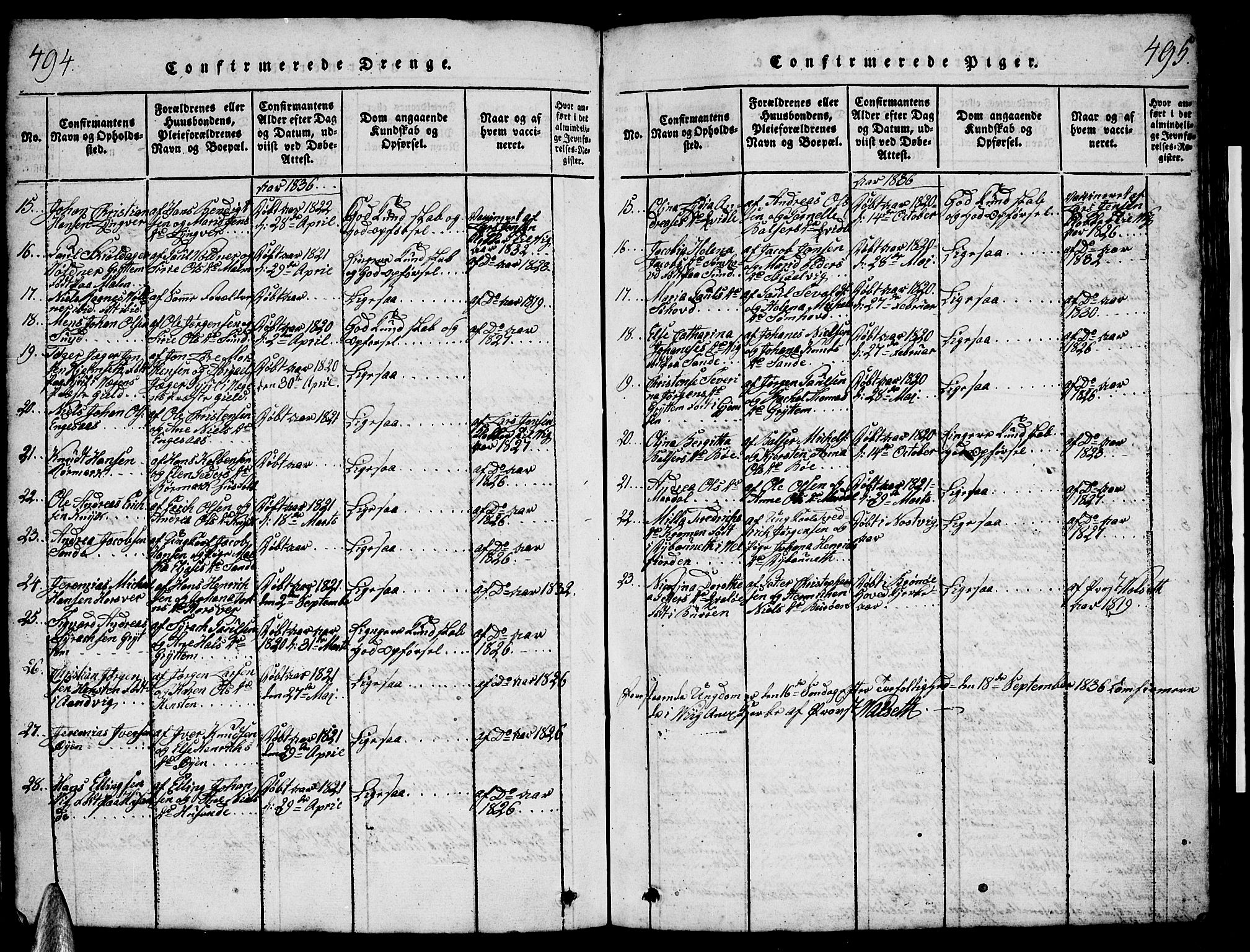 Ministerialprotokoller, klokkerbøker og fødselsregistre - Nordland, AV/SAT-A-1459/812/L0186: Parish register (copy) no. 812C04, 1820-1849, p. 494-495