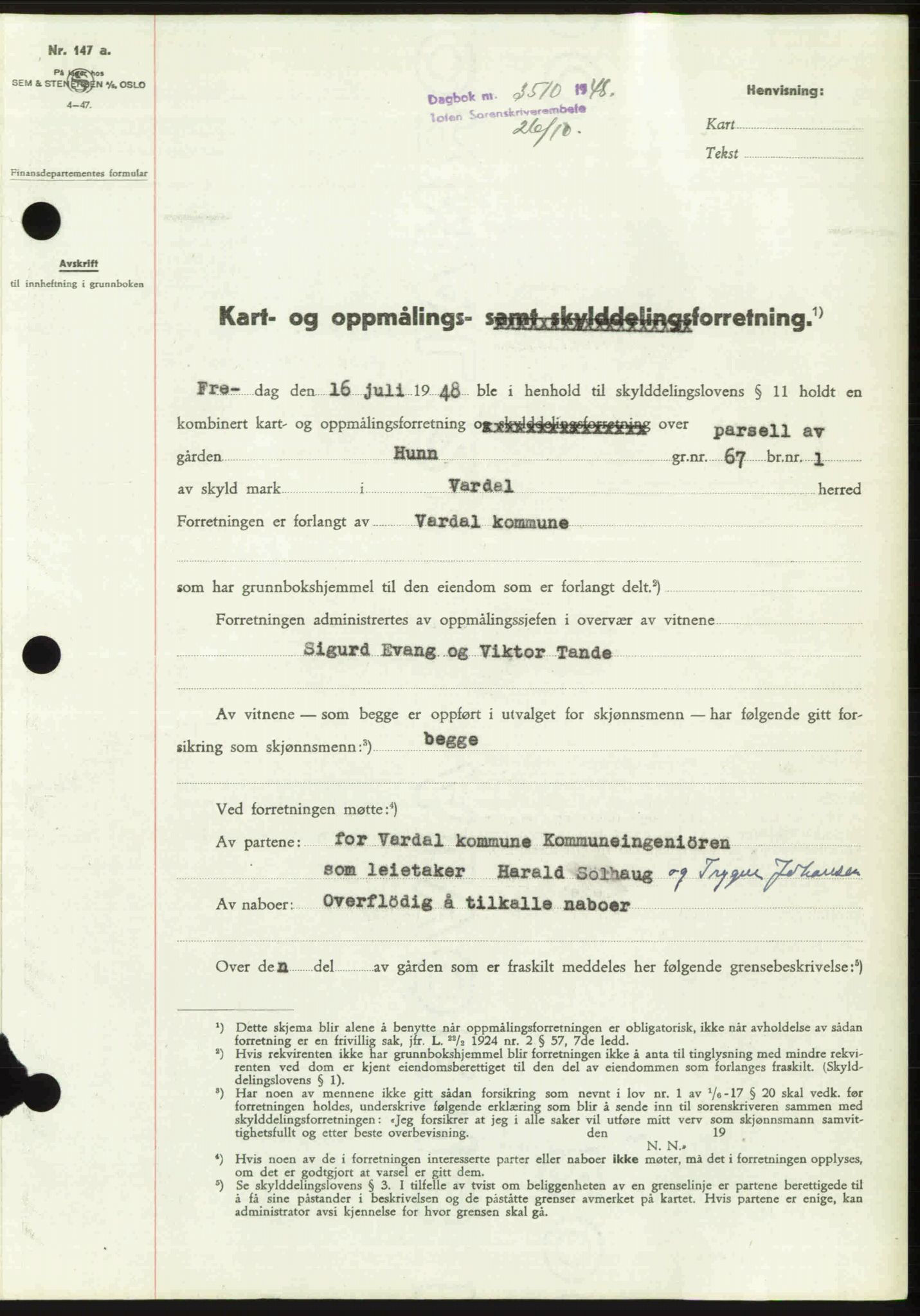 Toten tingrett, SAH/TING-006/H/Hb/Hbc/L0020: Mortgage book no. Hbc-20, 1948-1948, Diary no: : 3510/1948