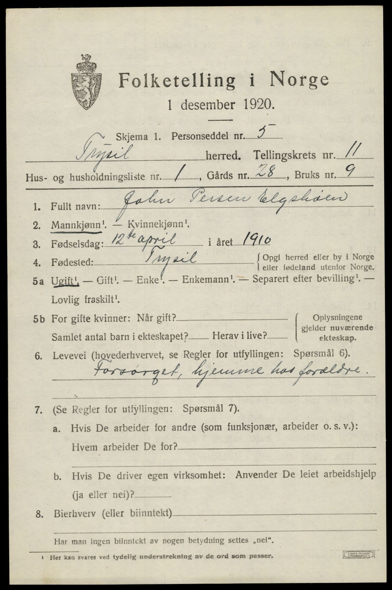 SAH, 1920 census for Trysil, 1920, p. 6965