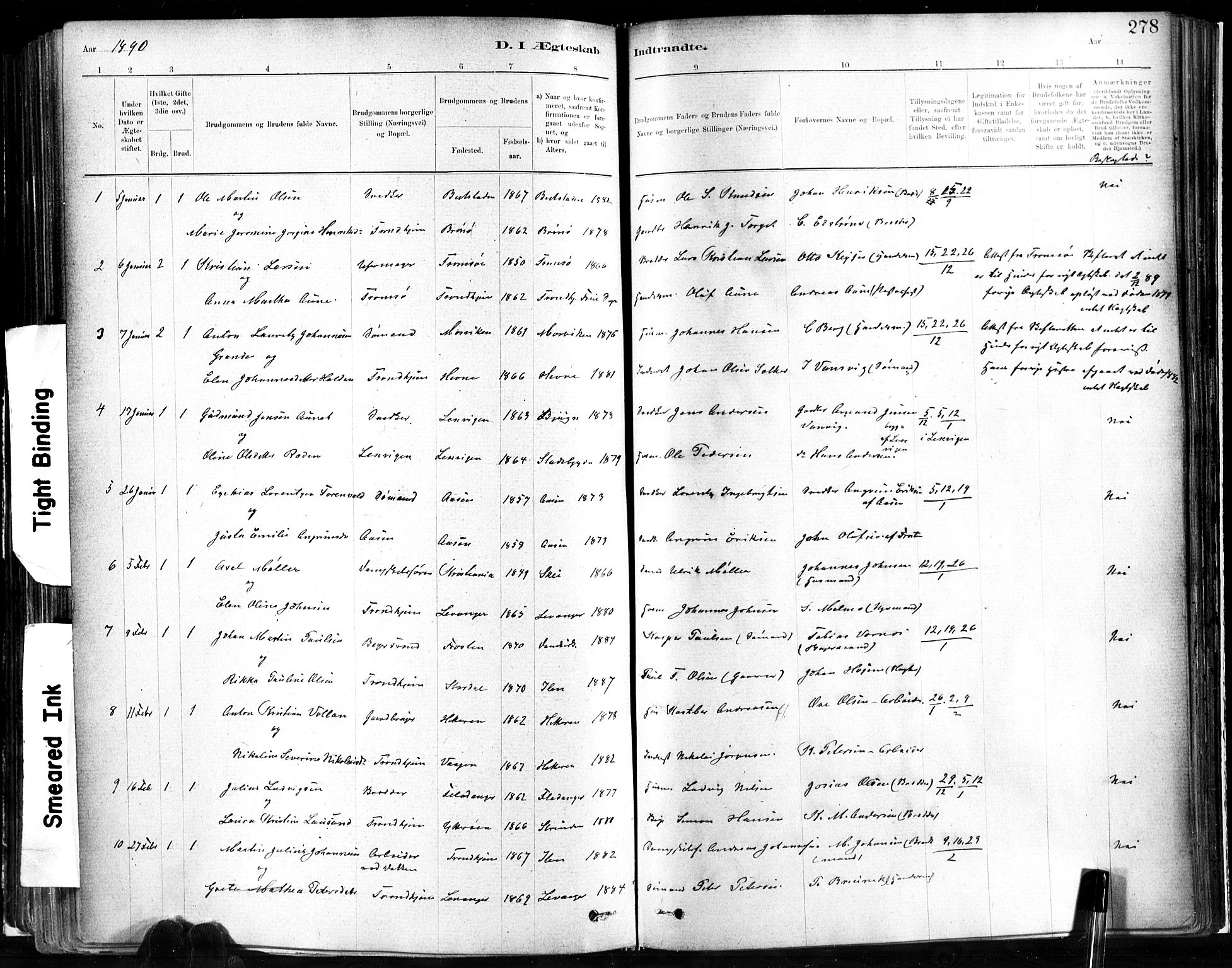 Ministerialprotokoller, klokkerbøker og fødselsregistre - Sør-Trøndelag, SAT/A-1456/602/L0119: Parish register (official) no. 602A17, 1880-1901, p. 278
