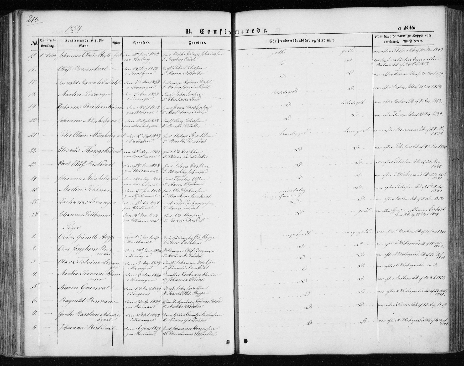 Ministerialprotokoller, klokkerbøker og fødselsregistre - Nord-Trøndelag, AV/SAT-A-1458/717/L0154: Parish register (official) no. 717A07 /1, 1850-1862, p. 210