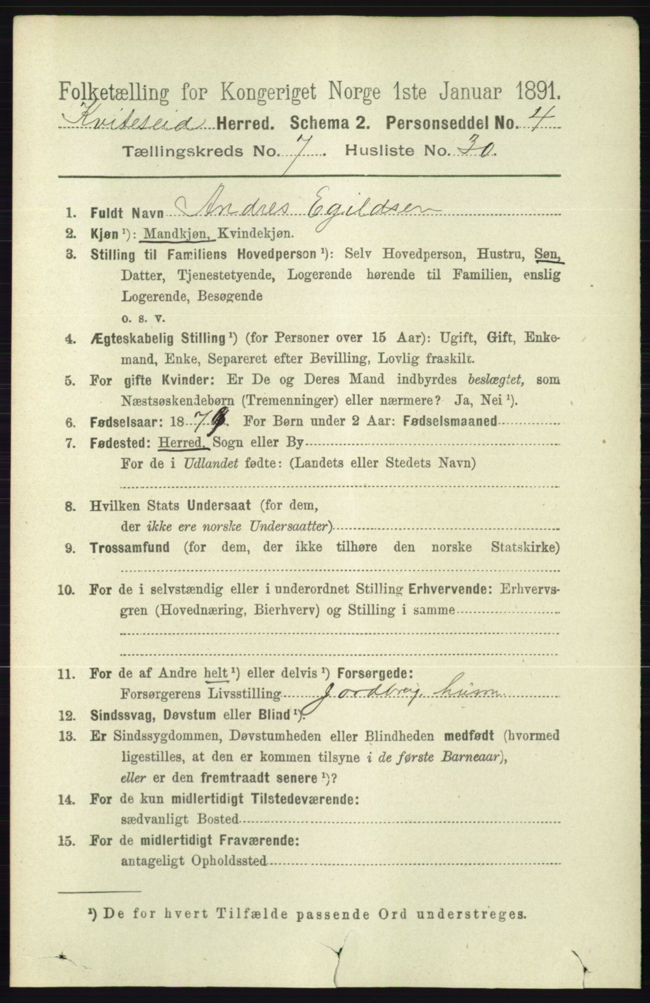 RA, 1891 census for 0829 Kviteseid, 1891, p. 1529