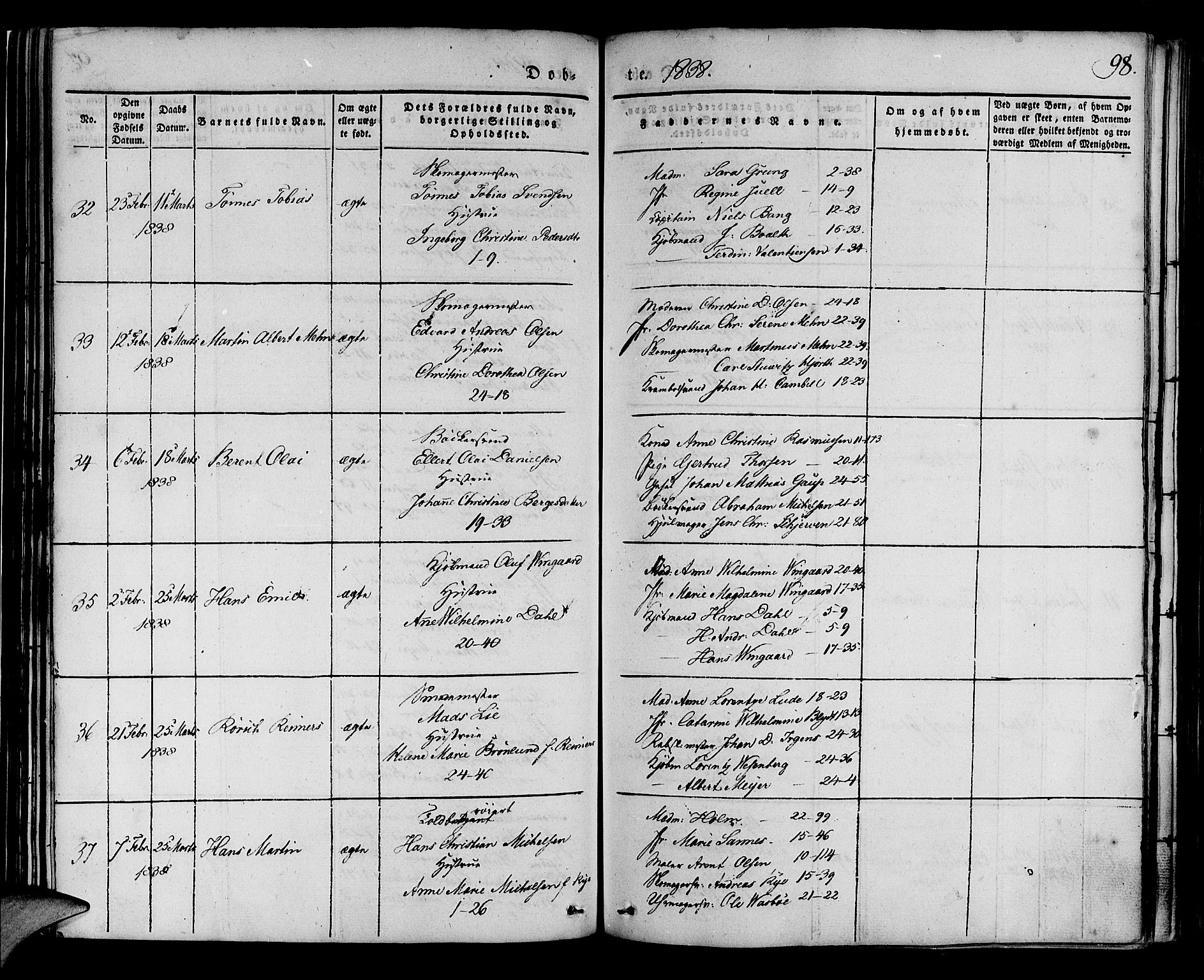 Korskirken sokneprestembete, AV/SAB-A-76101/H/Haa/L0015: Parish register (official) no. B 1, 1833-1841, p. 98