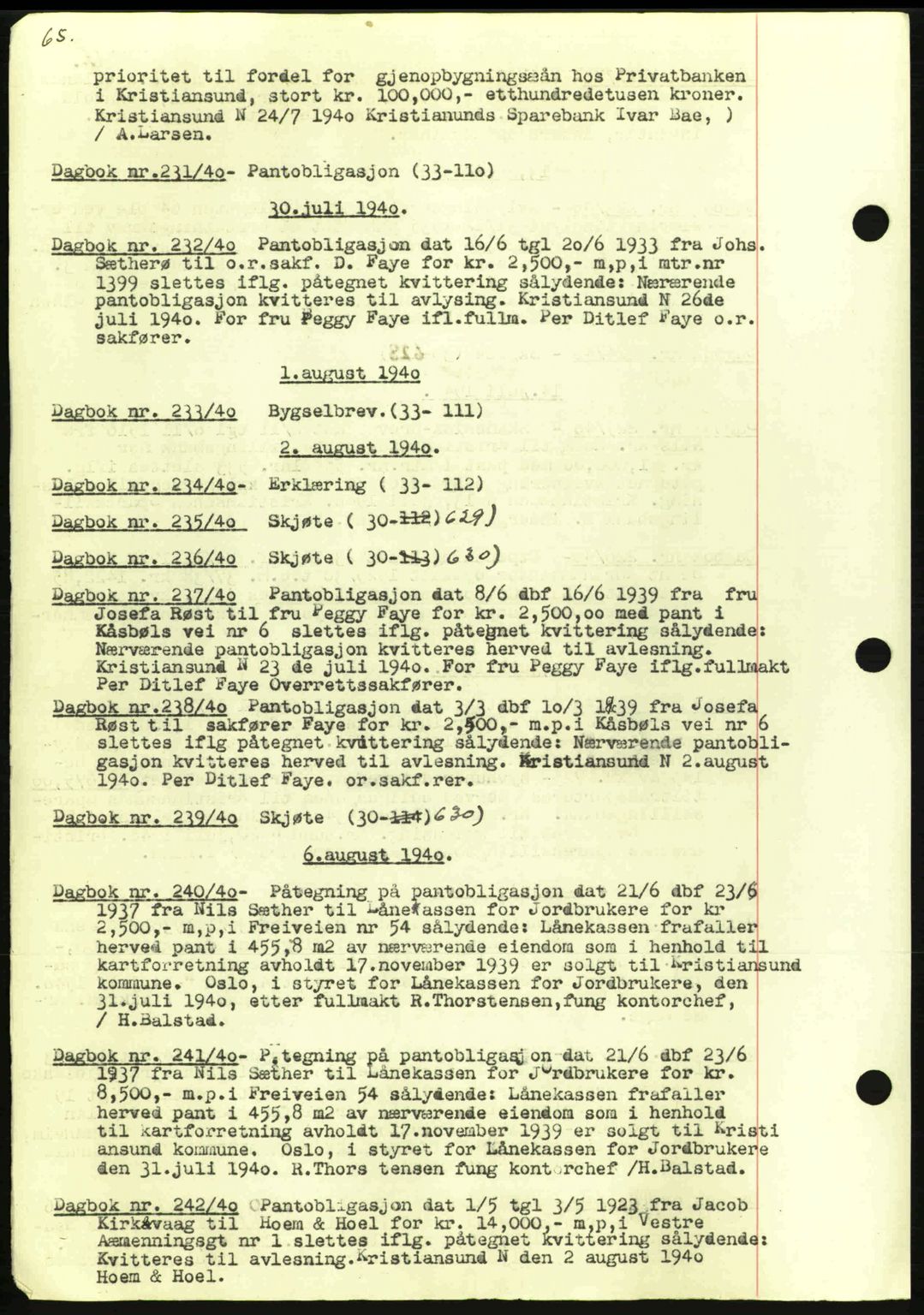 Kristiansund byfogd, AV/SAT-A-4587/A/27: Mortgage book no. 32a, 1938-1946, Diary no: : 231/1940