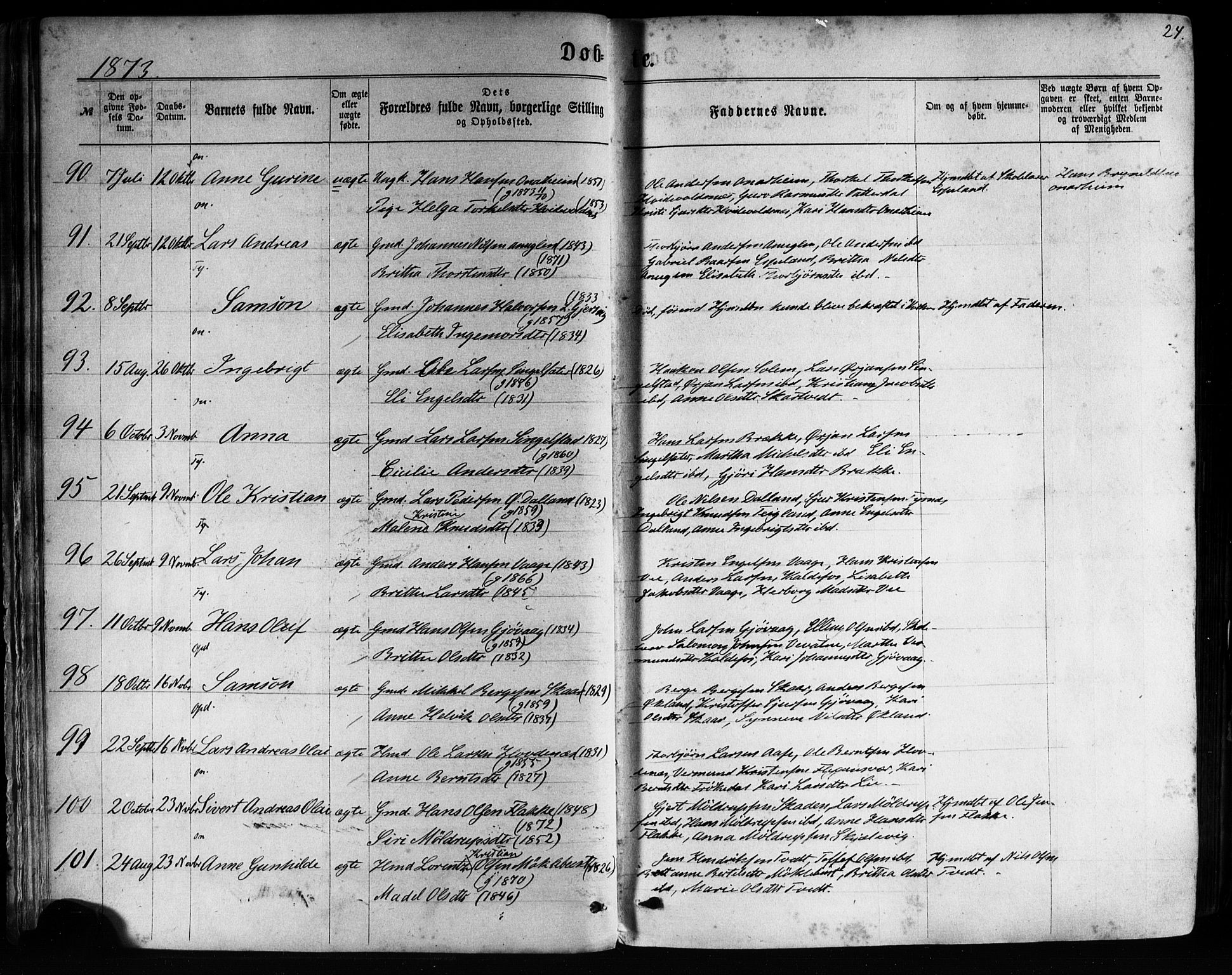 Tysnes sokneprestembete, AV/SAB-A-78601/H/Haa: Parish register (official) no. A 12, 1872-1886, p. 24