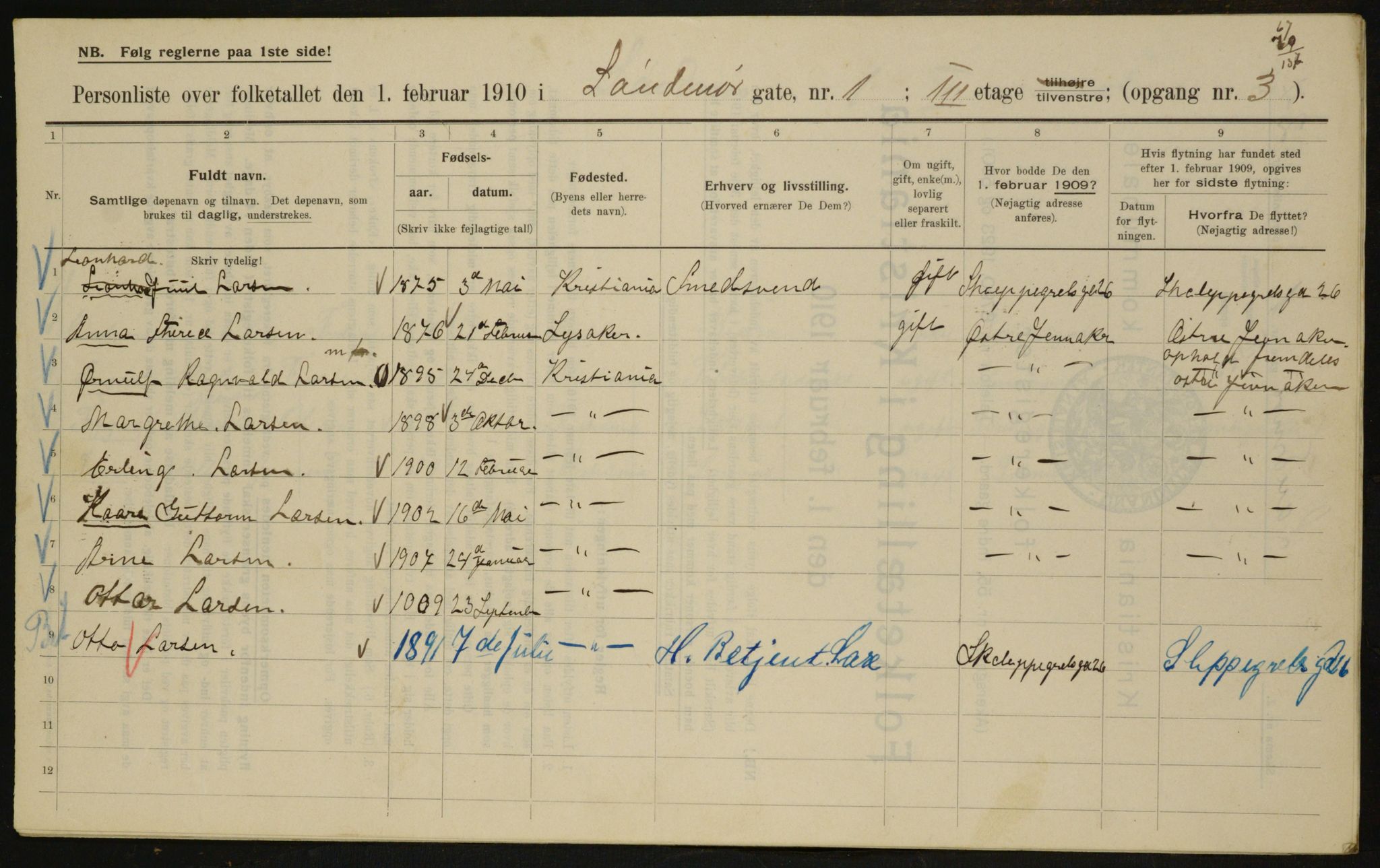OBA, Municipal Census 1910 for Kristiania, 1910, p. 99312