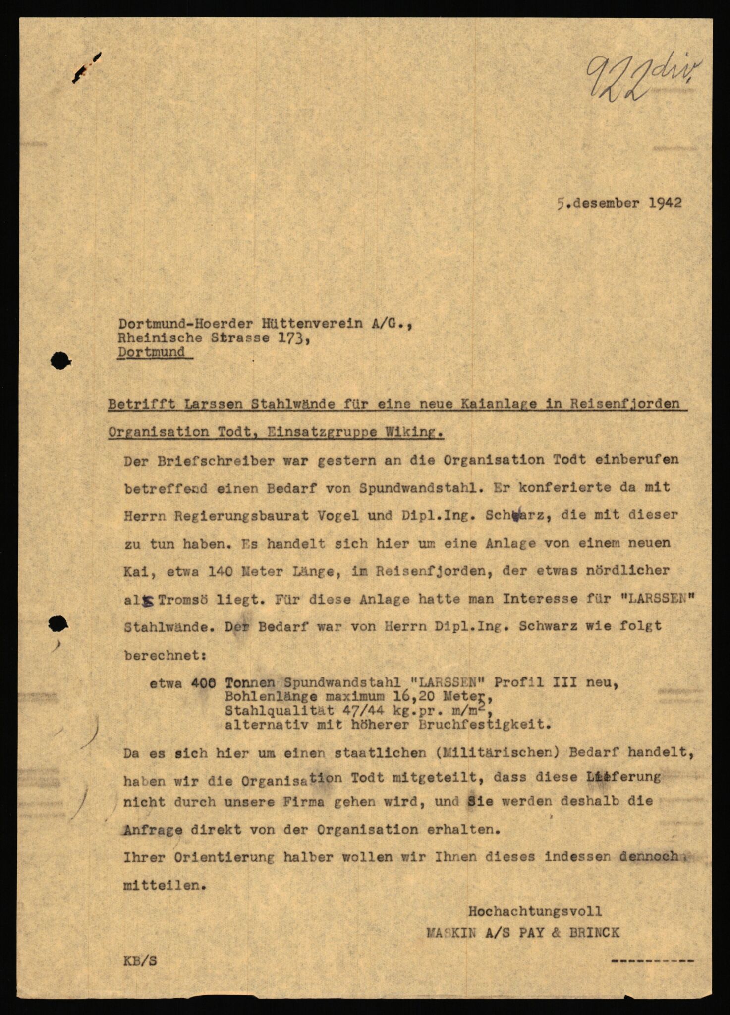 Tyske arkiver, Organisation Todt (OT), Einsatzgruppe Wiking, AV/RA-RAFA-2188/1/E/E6/E6c/L0007: Nachschub: Arkivkode 9451-9490, 1940-1945, p. 225