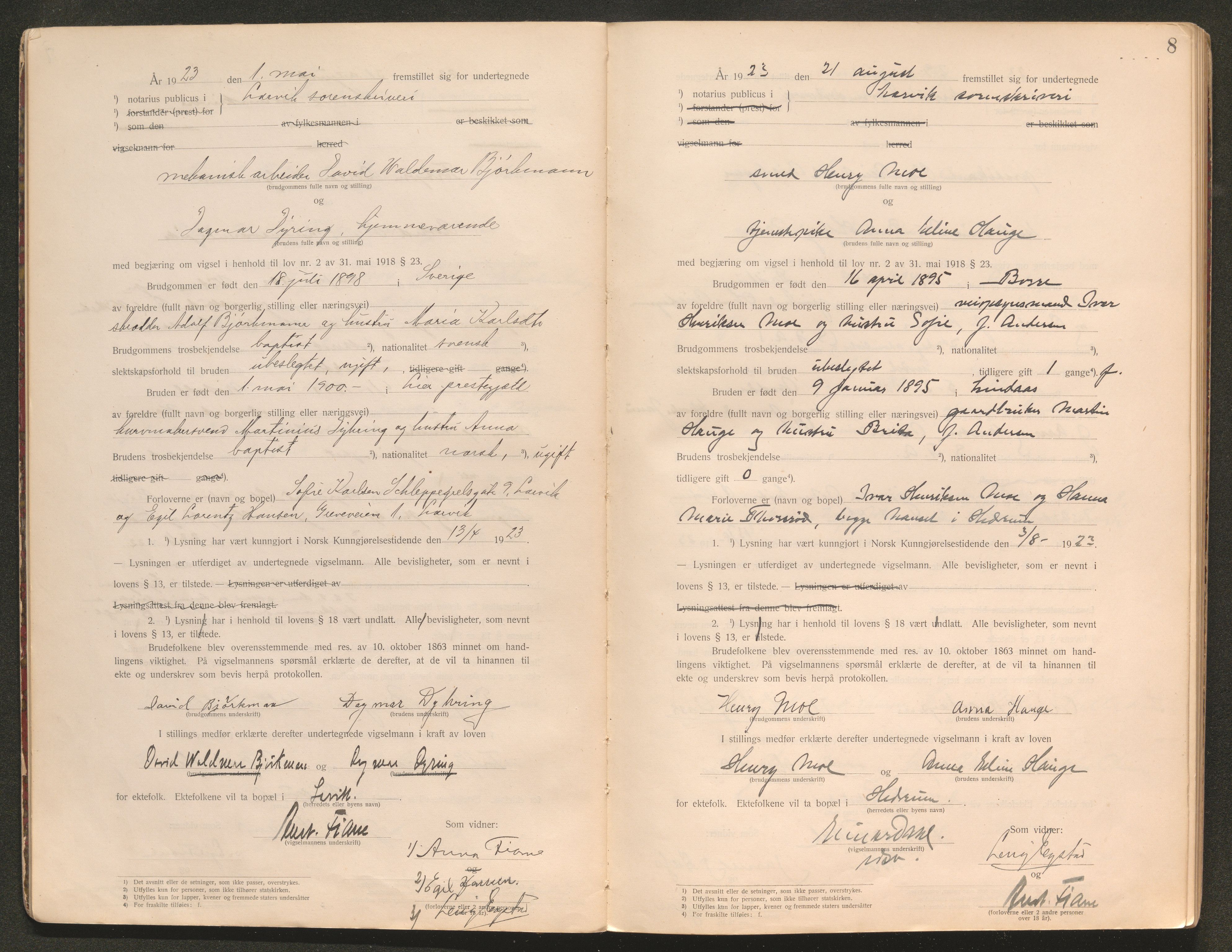 Larvik sorenskriveri, AV/SAKO-A-83/L/Lb/L0001: Vigselsprotokoll, 1920-1942, p. 8