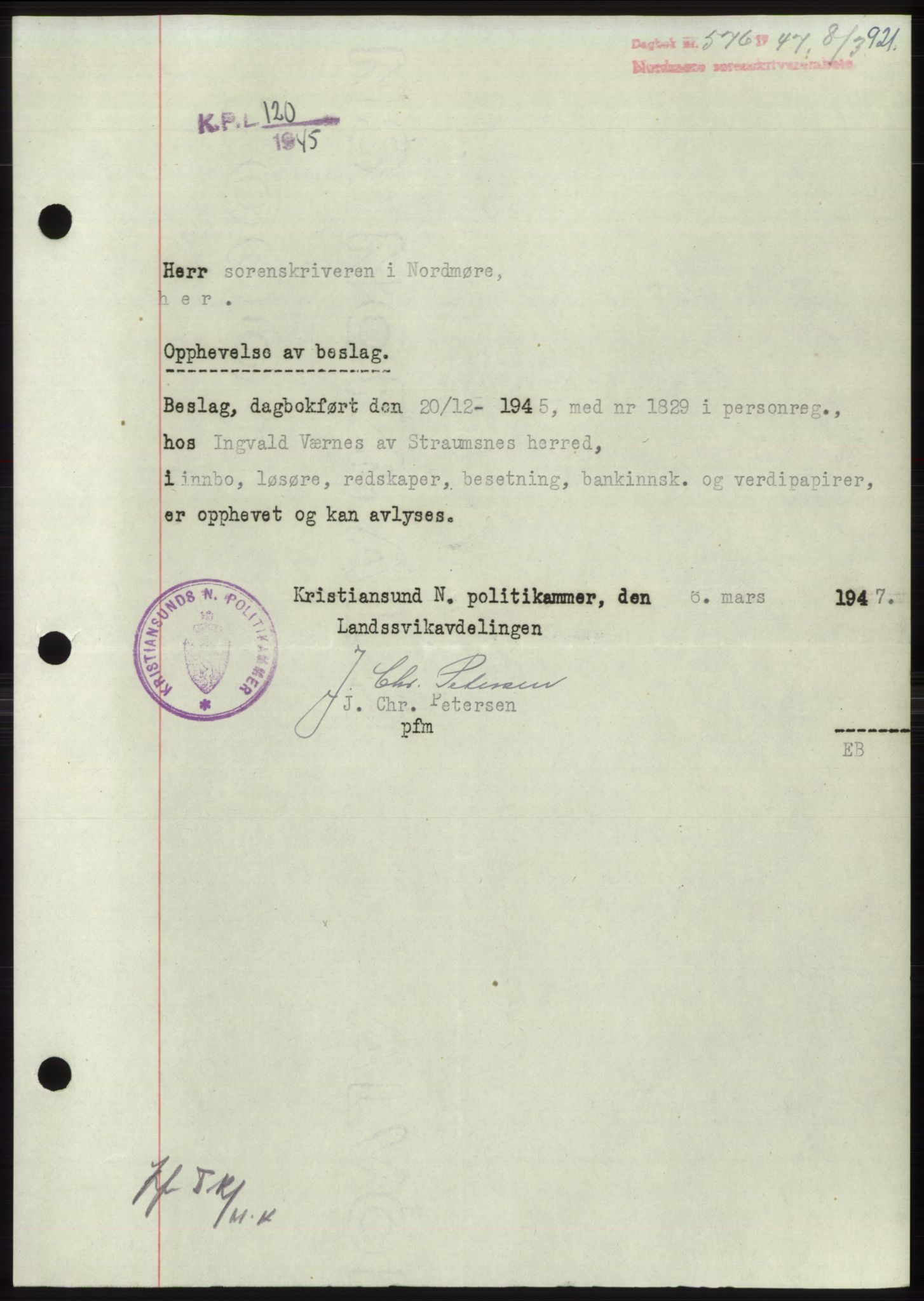 Nordmøre sorenskriveri, AV/SAT-A-4132/1/2/2Ca: Mortgage book no. B95, 1946-1947, Diary no: : 576/1947