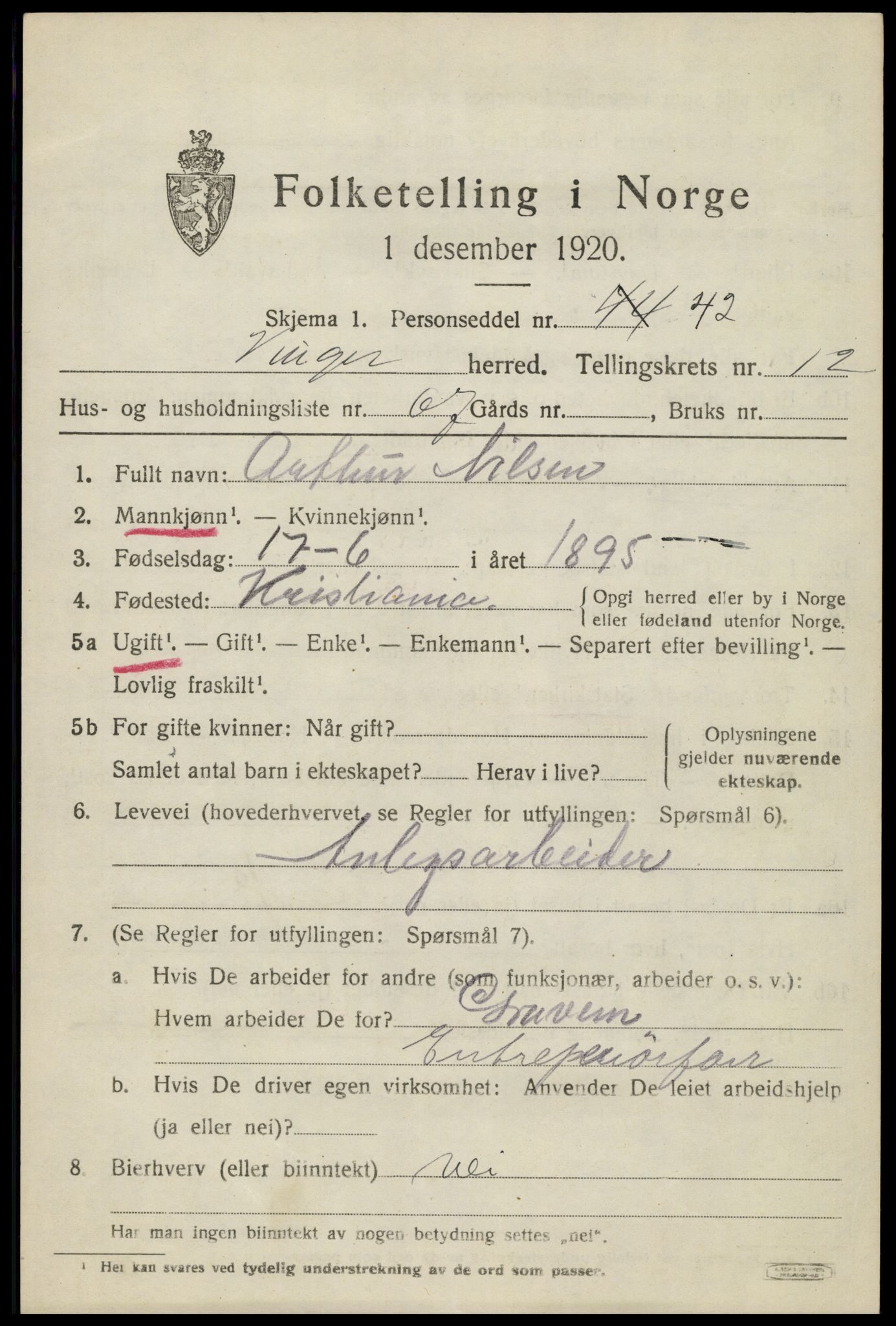 SAH, 1920 census for Vinger, 1920, p. 11080