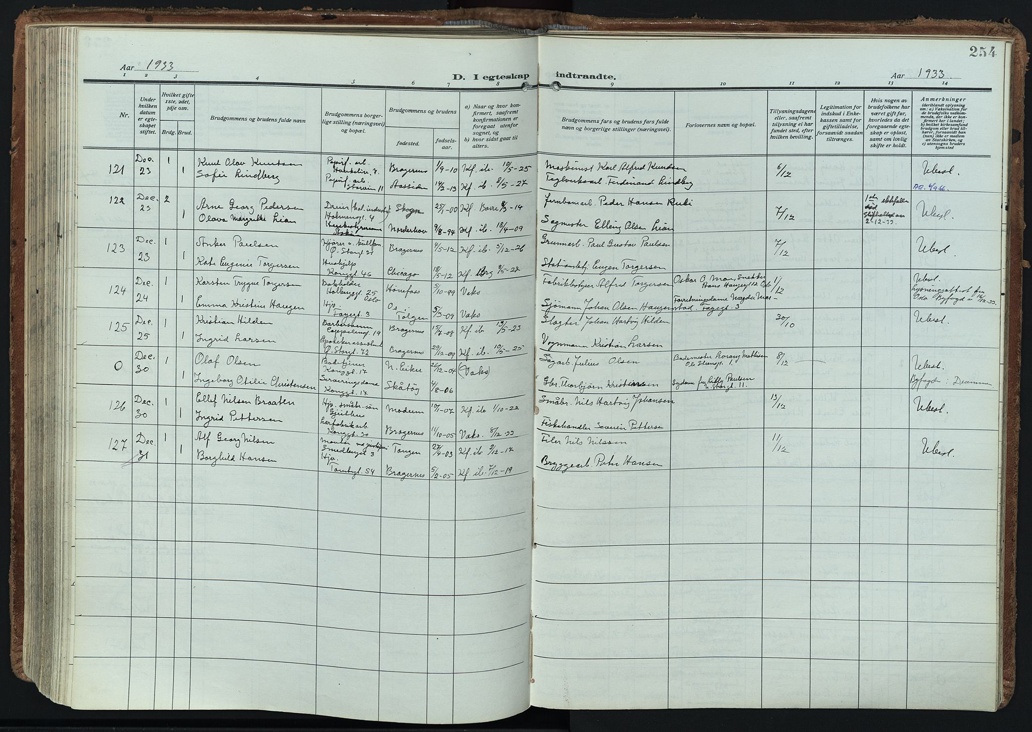 Bragernes kirkebøker, AV/SAKO-A-6/F/Fc/L0009: Parish register (official) no. III 9, 1921-1939, p. 254