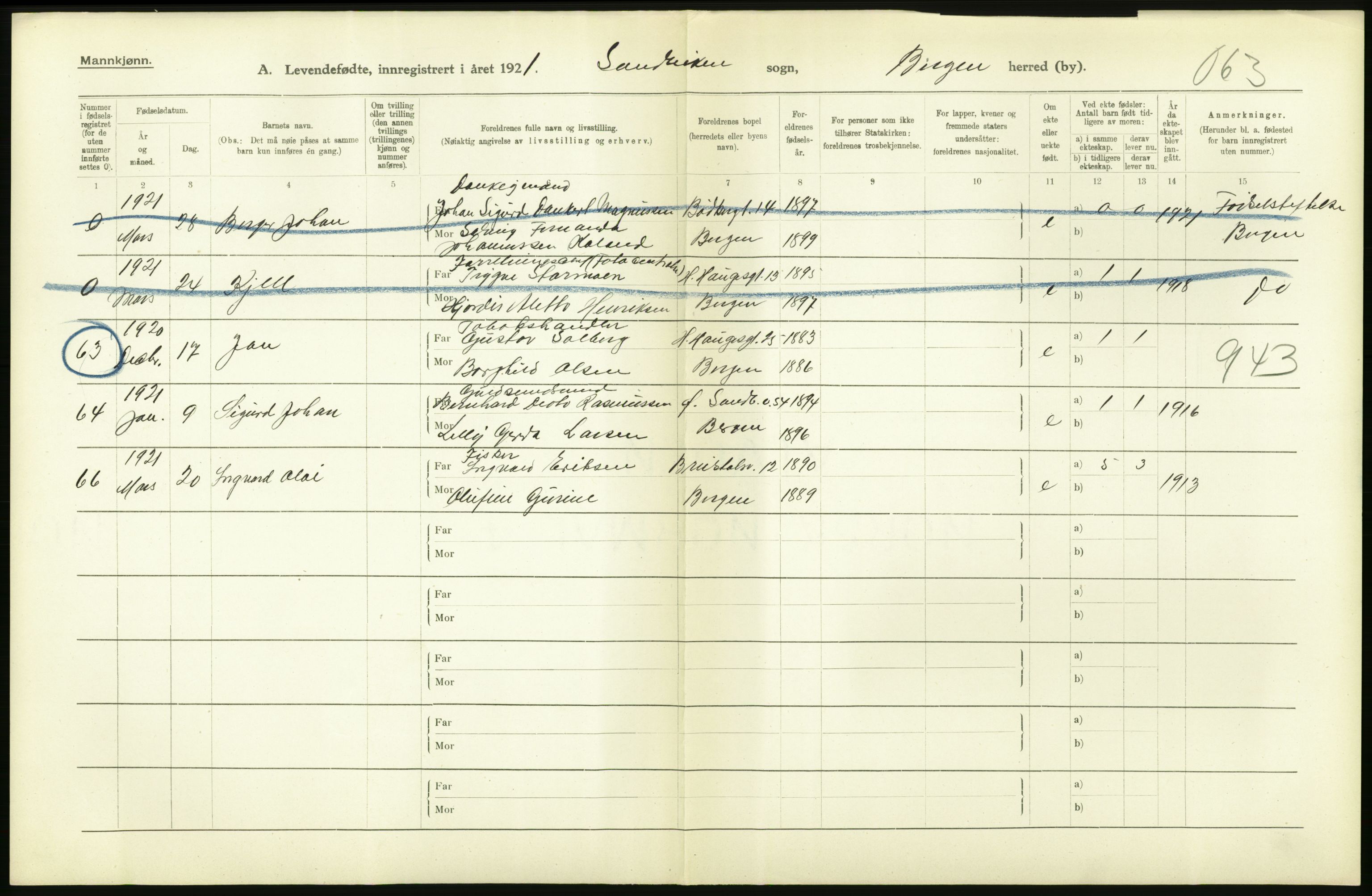 Statistisk sentralbyrå, Sosiodemografiske emner, Befolkning, AV/RA-S-2228/D/Df/Dfc/Dfca/L0034: Bergen: Levendefødte menn og kvinner., 1921, p. 18