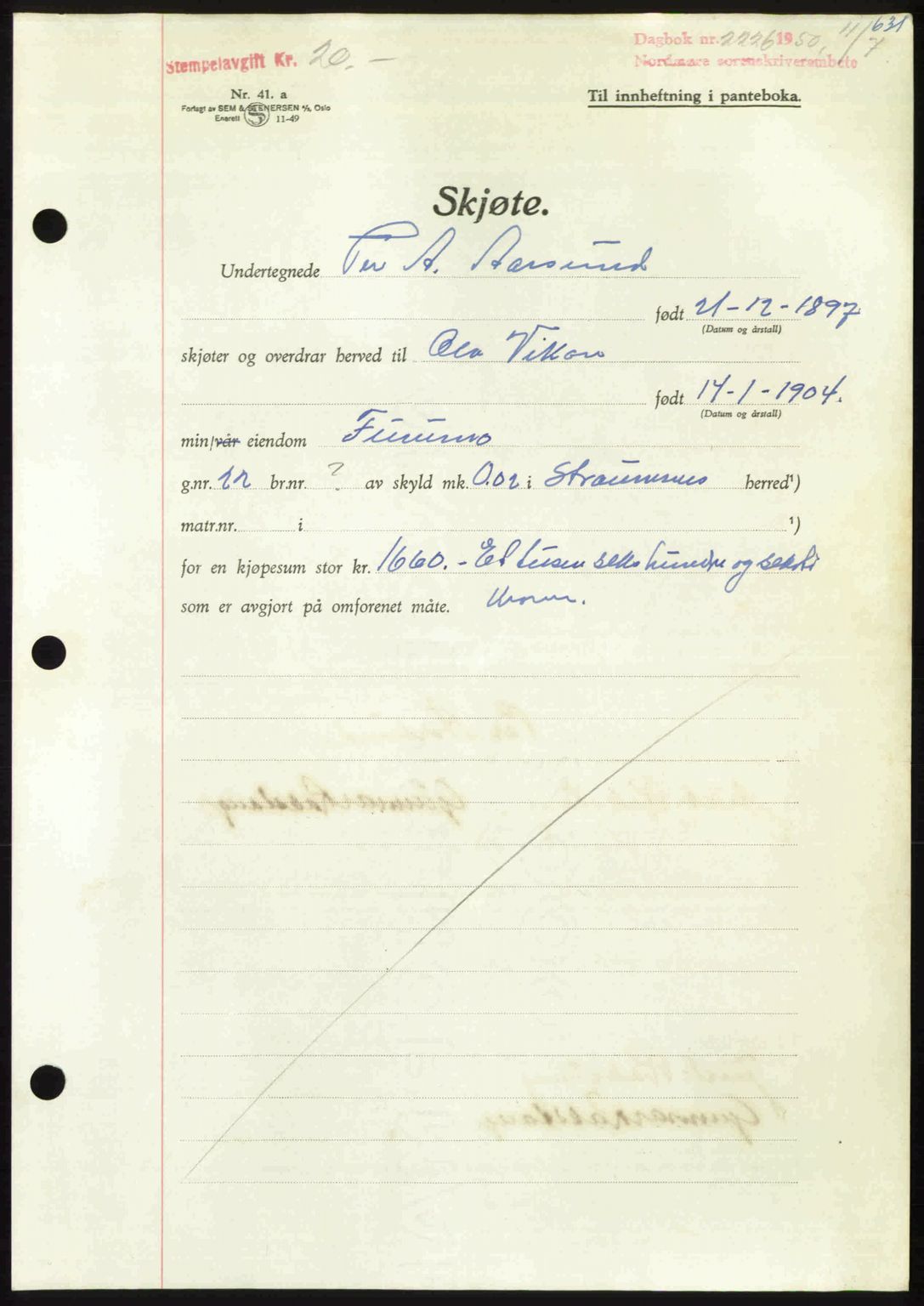 Nordmøre sorenskriveri, AV/SAT-A-4132/1/2/2Ca: Mortgage book no. A115, 1950-1950, Diary no: : 2226/1950