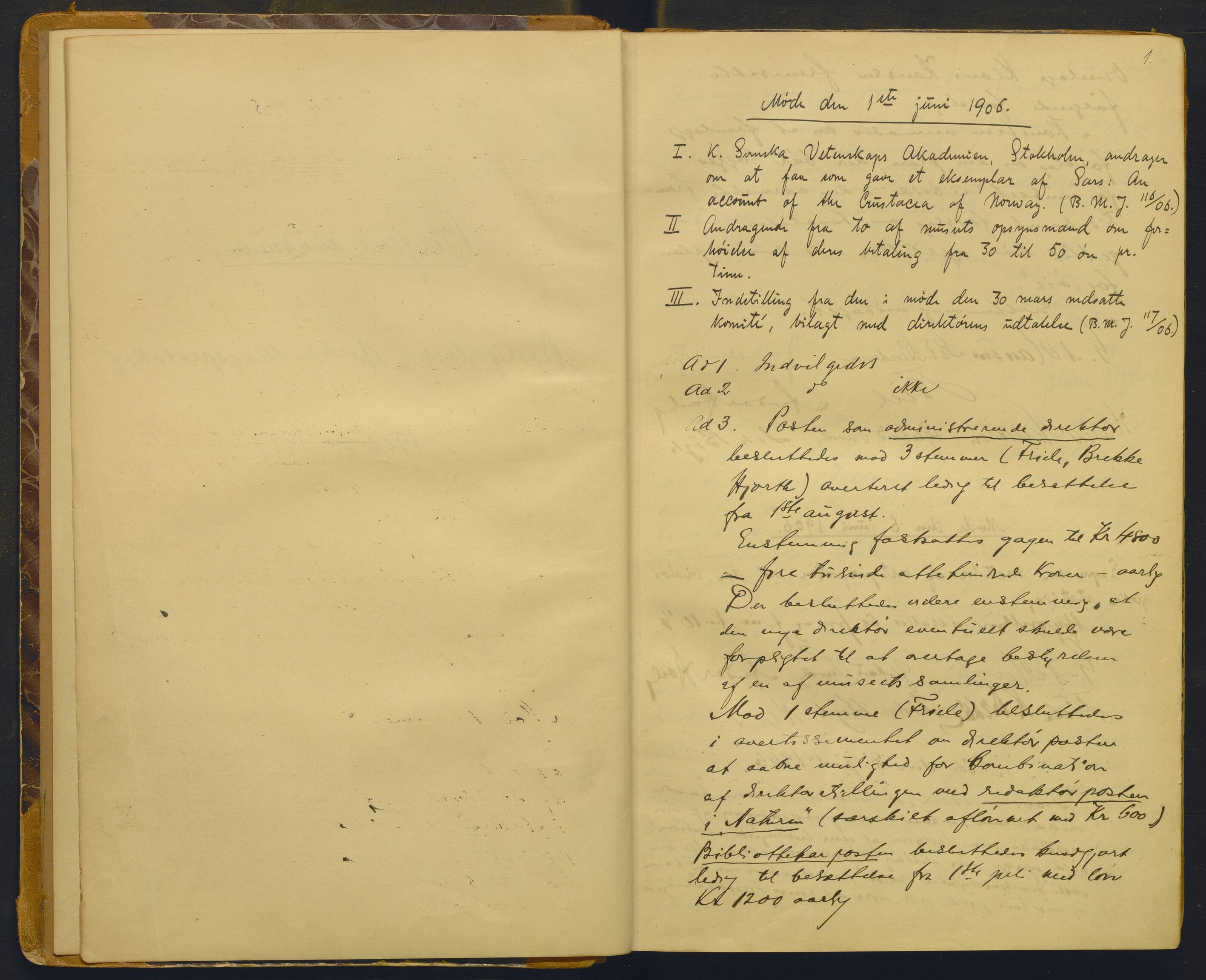 Bergens Museum, AV/SAB-A-17301/02/A/L0008: Forhandlingsprotokoll med register , 1906-1927, p. 1