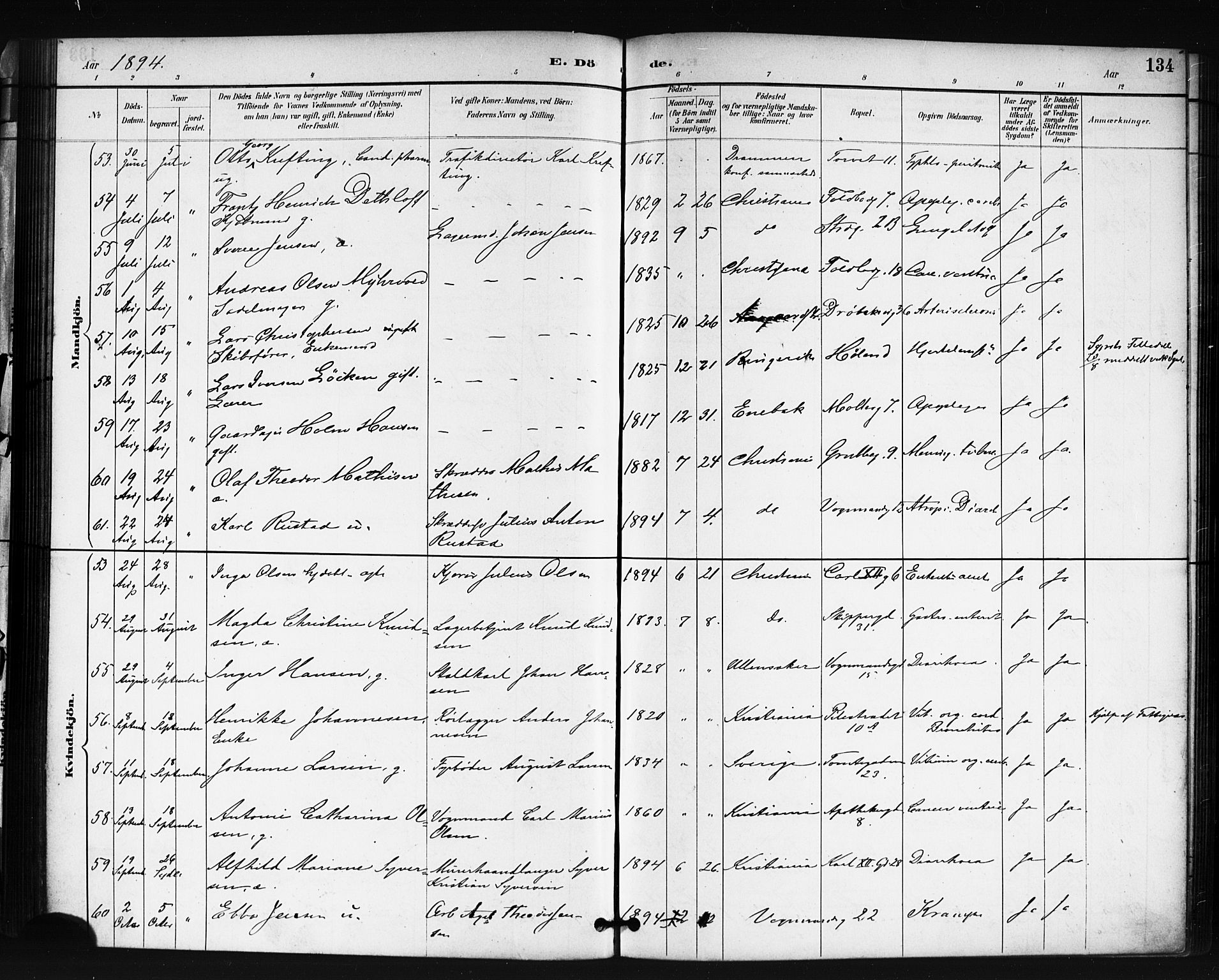 SAO, Oslo domkirke Kirkebøker, SAO/A-10752/F/Fa/L0035Parish register (official) no. 35, 1885-1901, p. 134