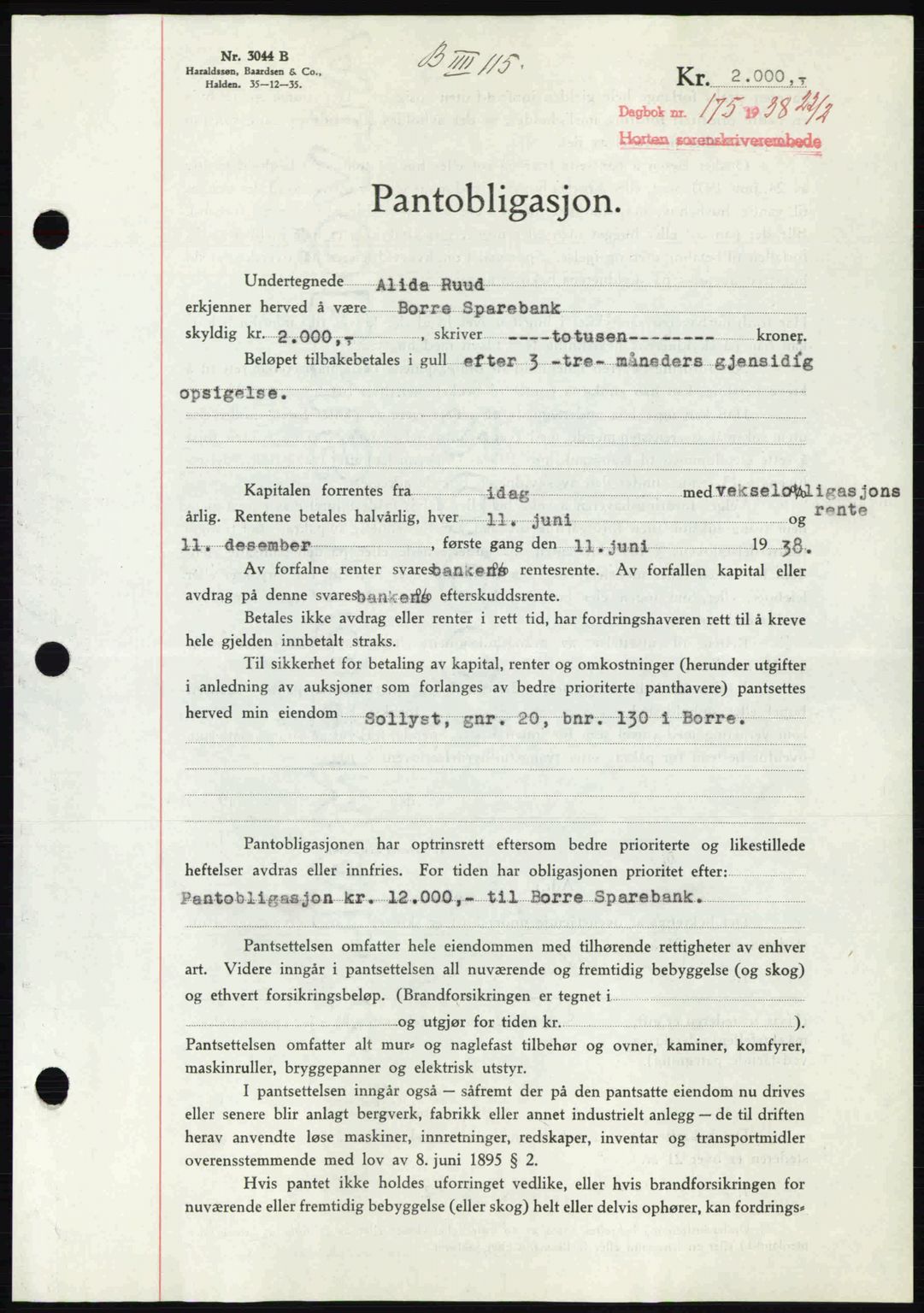 Horten sorenskriveri, SAKO/A-133/G/Ga/Gab/L0001: Mortgage book no. B-1 - B-2, 1936-1938, Diary no: : 175/1938