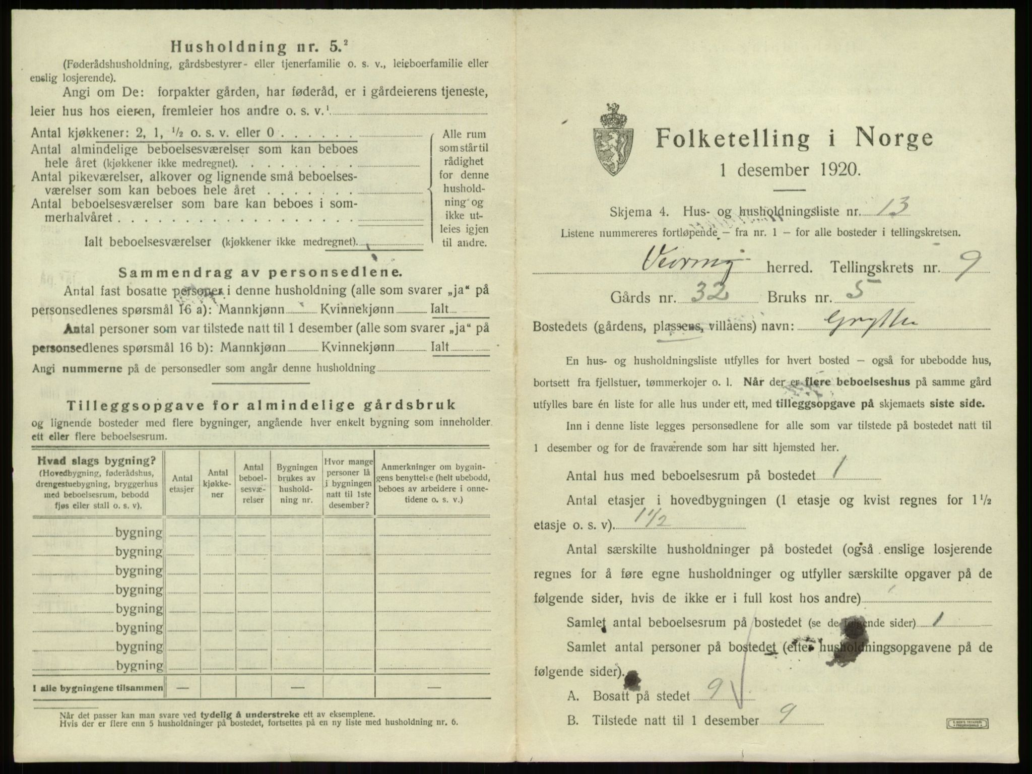 SAB, 1920 census for Vevring, 1920, p. 393