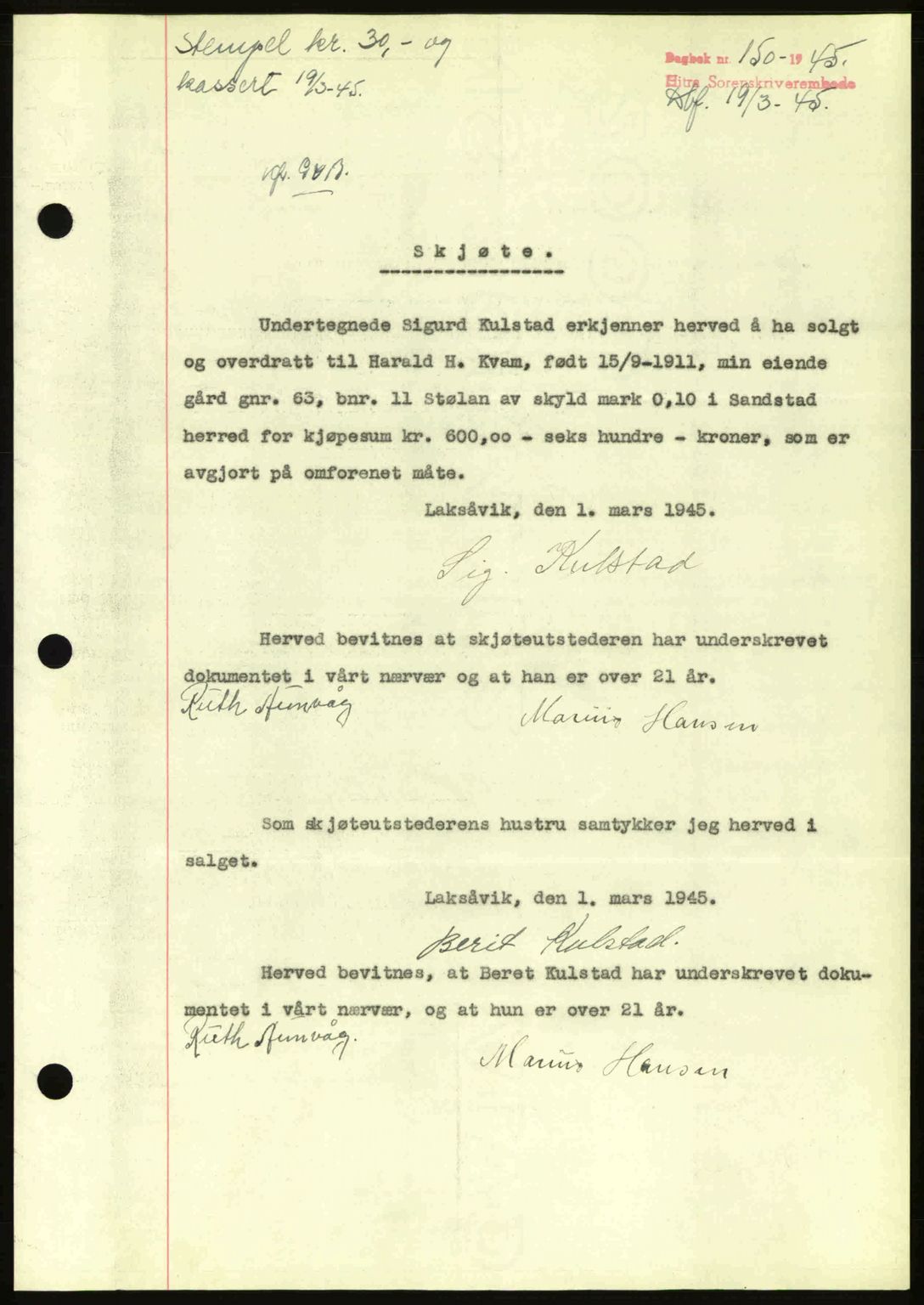 Hitra sorenskriveri, AV/SAT-A-0018/2/2C/2Ca: Mortgage book no. A2, 1943-1945, Diary no: : 150/1945