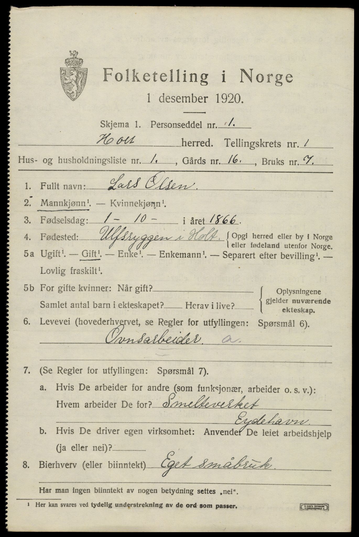 SAK, 1920 census for Holt, 1920, p. 1604