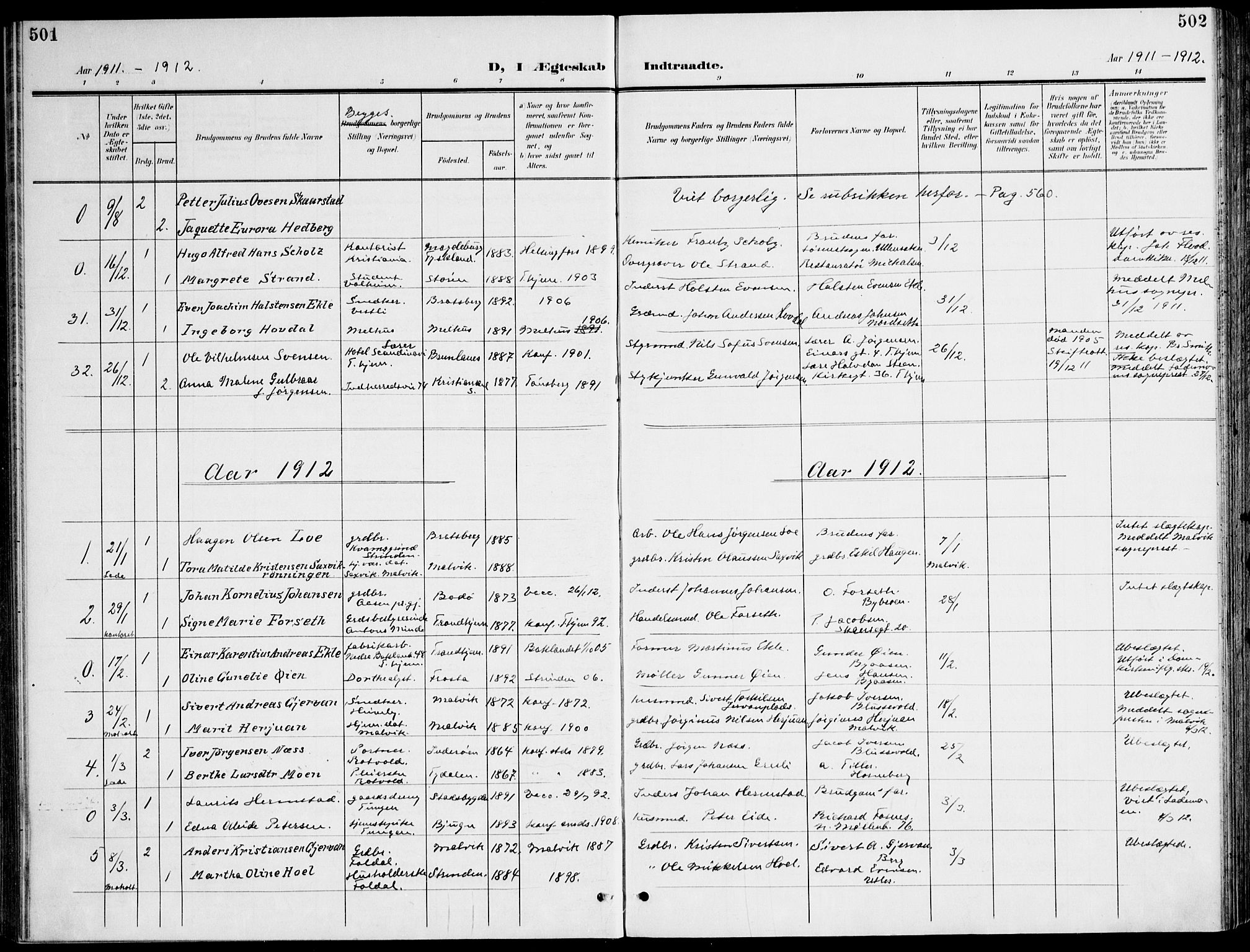 Ministerialprotokoller, klokkerbøker og fødselsregistre - Sør-Trøndelag, AV/SAT-A-1456/607/L0320: Parish register (official) no. 607A04, 1907-1915, p. 501-502