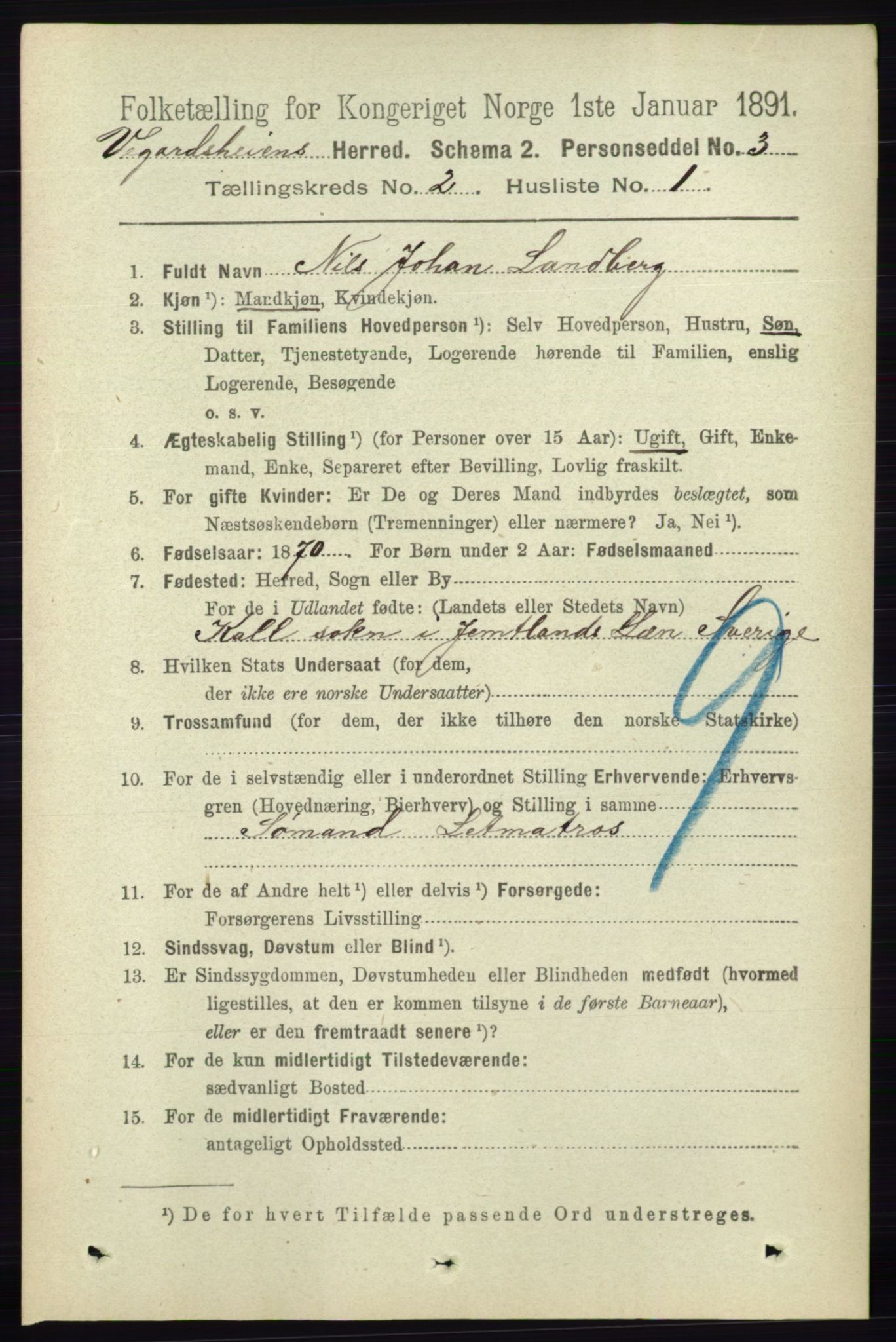 RA, 1891 census for 0912 Vegårshei, 1891, p. 360