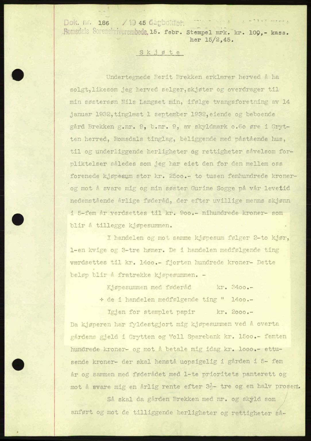 Romsdal sorenskriveri, AV/SAT-A-4149/1/2/2C: Mortgage book no. A17, 1944-1945, Diary no: : 186/1945