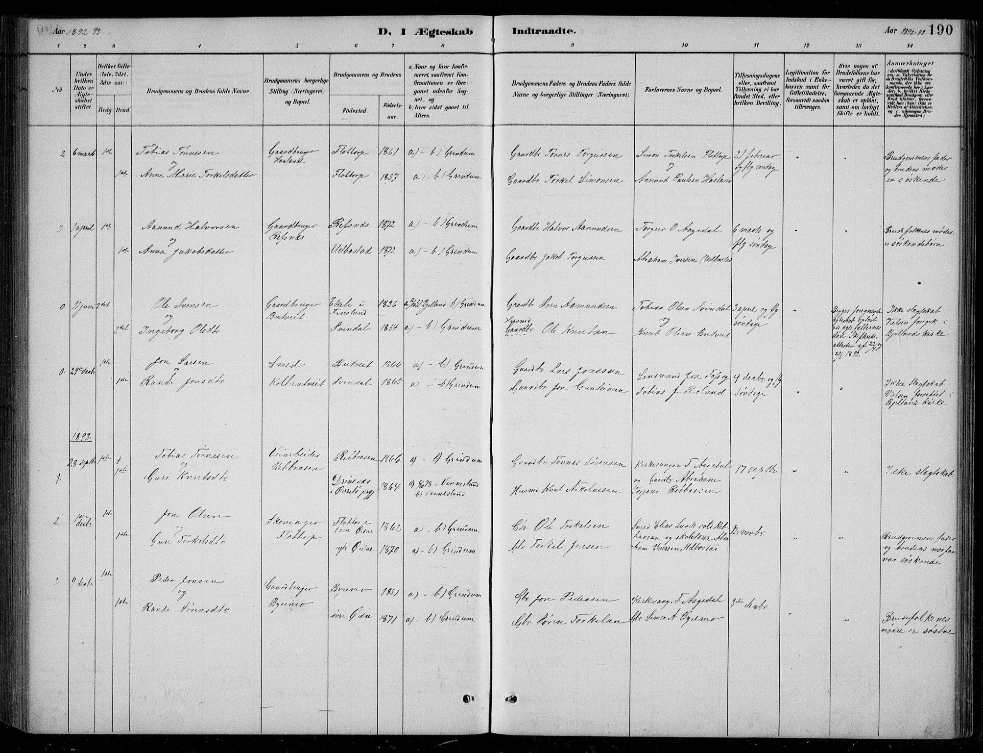 Bjelland sokneprestkontor, SAK/1111-0005/F/Fb/Fbc/L0003: Parish register (copy) no. B 3, 1887-1924, p. 190