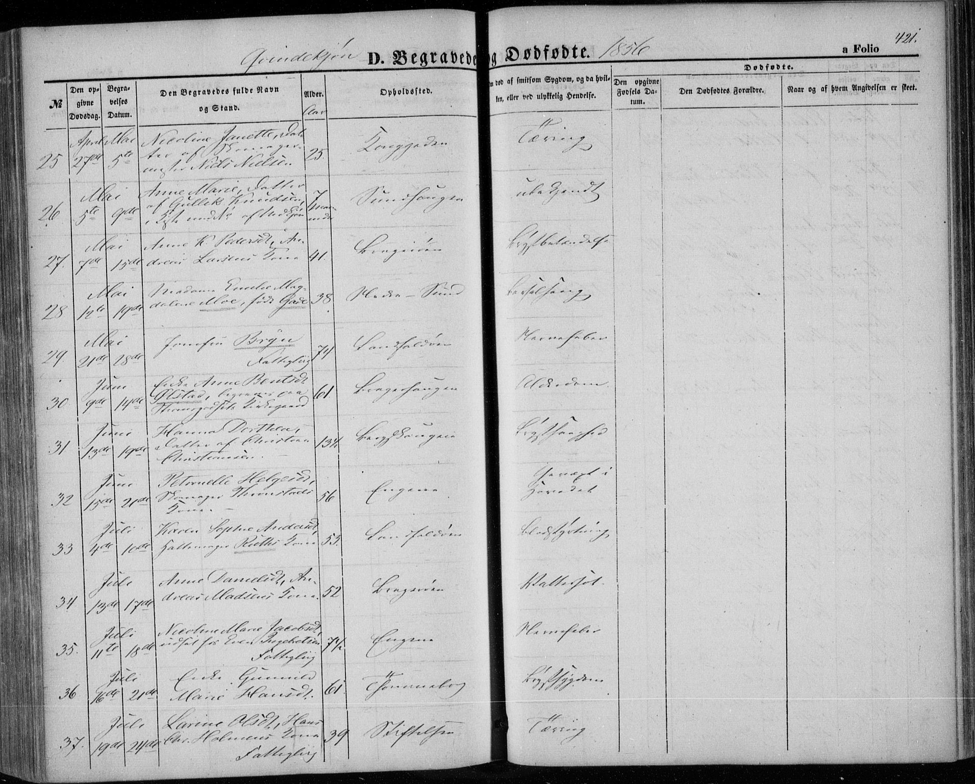 Bragernes kirkebøker, AV/SAKO-A-6/F/Fb/L0002: Parish register (official) no. II 2, 1848-1859, p. 421