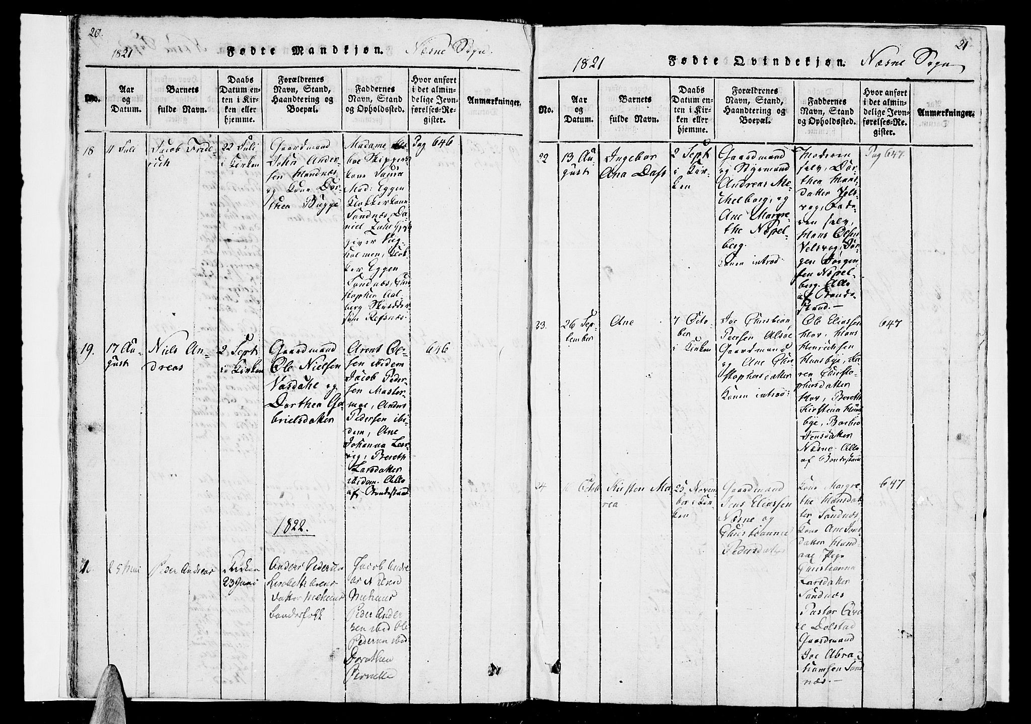 Ministerialprotokoller, klokkerbøker og fødselsregistre - Nordland, SAT/A-1459/838/L0546: Parish register (official) no. 838A05 /1, 1820-1828, p. 20-21