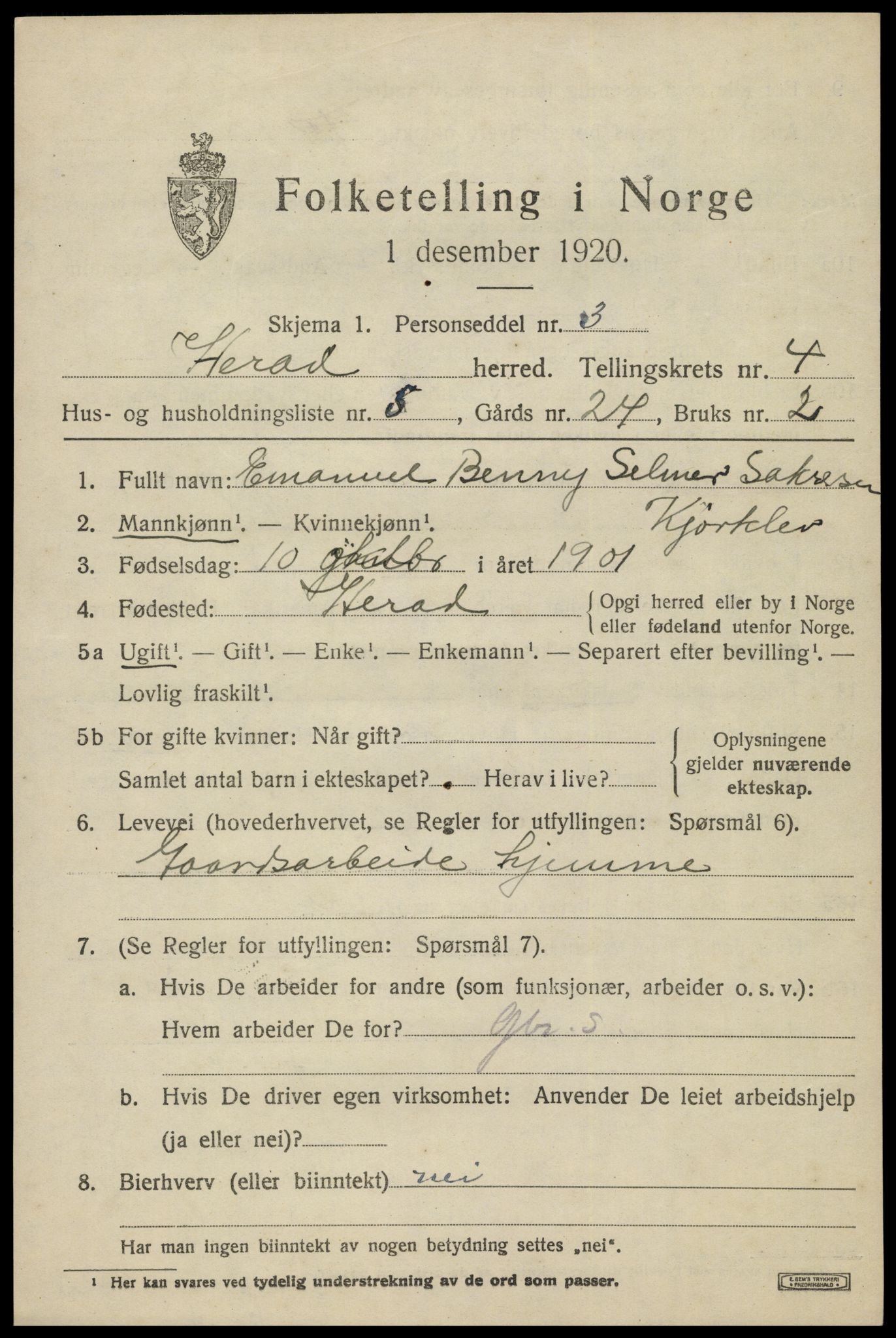 SAK, 1920 census for Herad, 1920, p. 1768